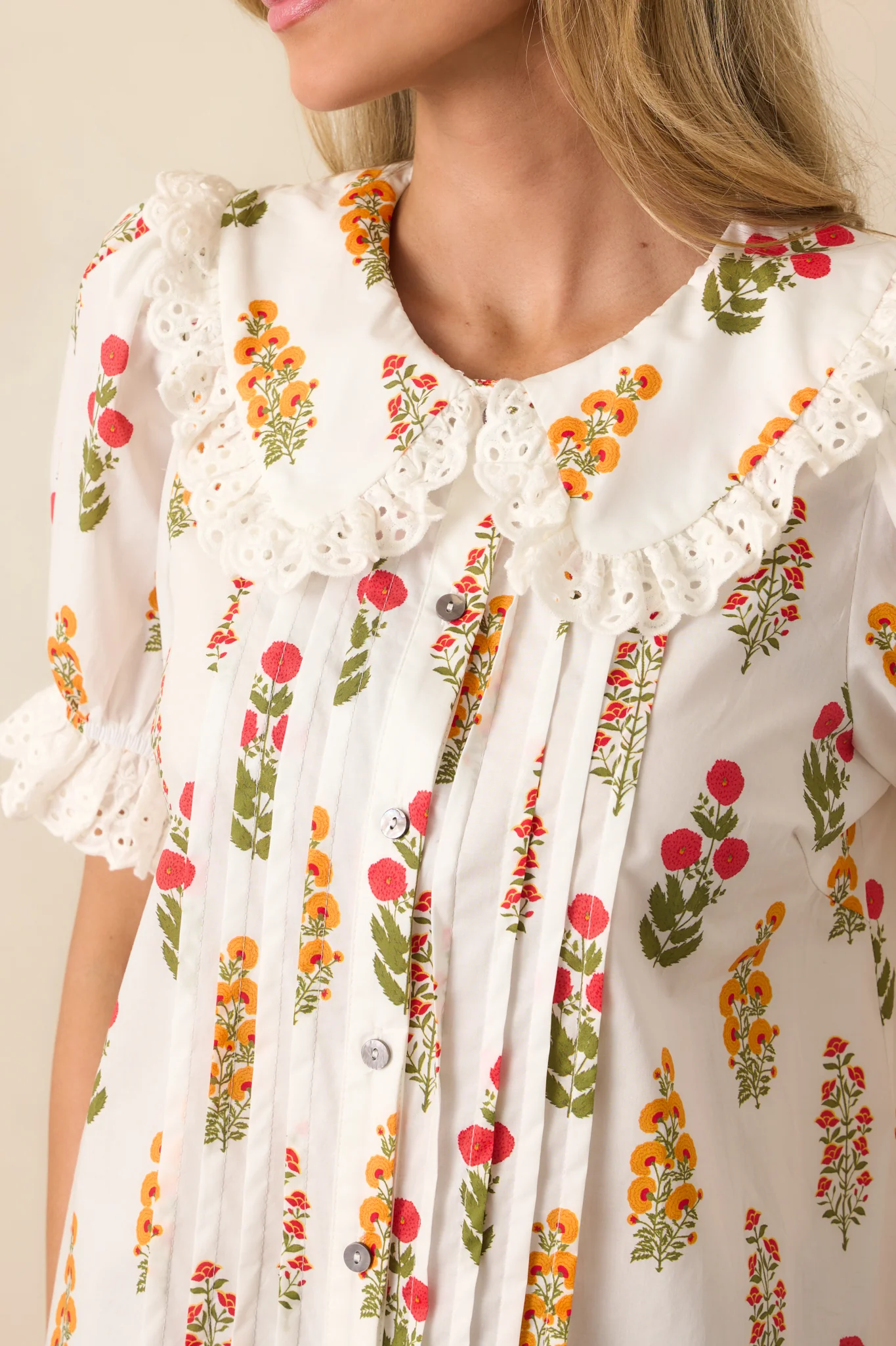 Some Things Take Time Red Floral Cotton Button Front Top