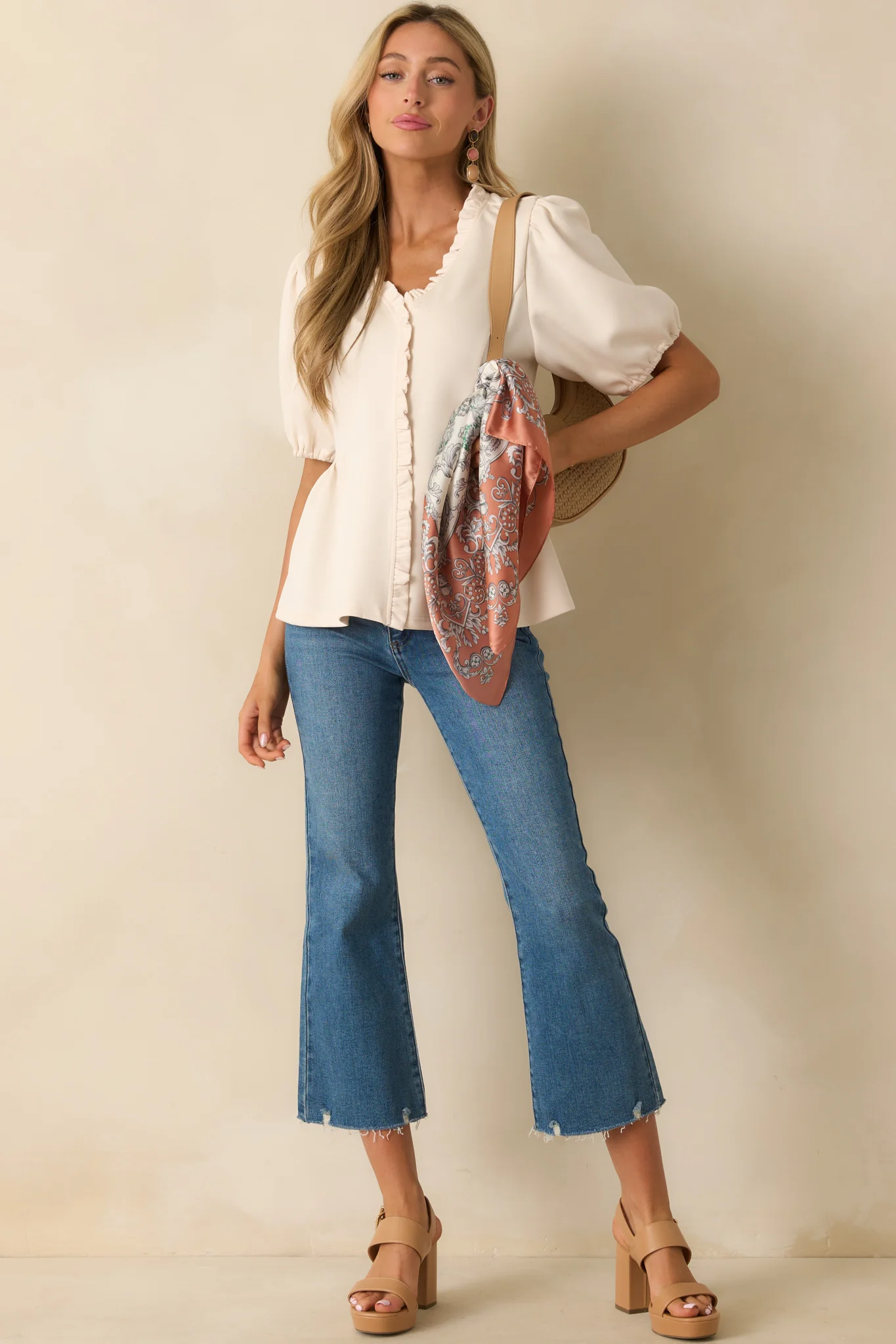 Getting A Fresh Start Ivory Puff Sleeve Ruffle Peplum Top