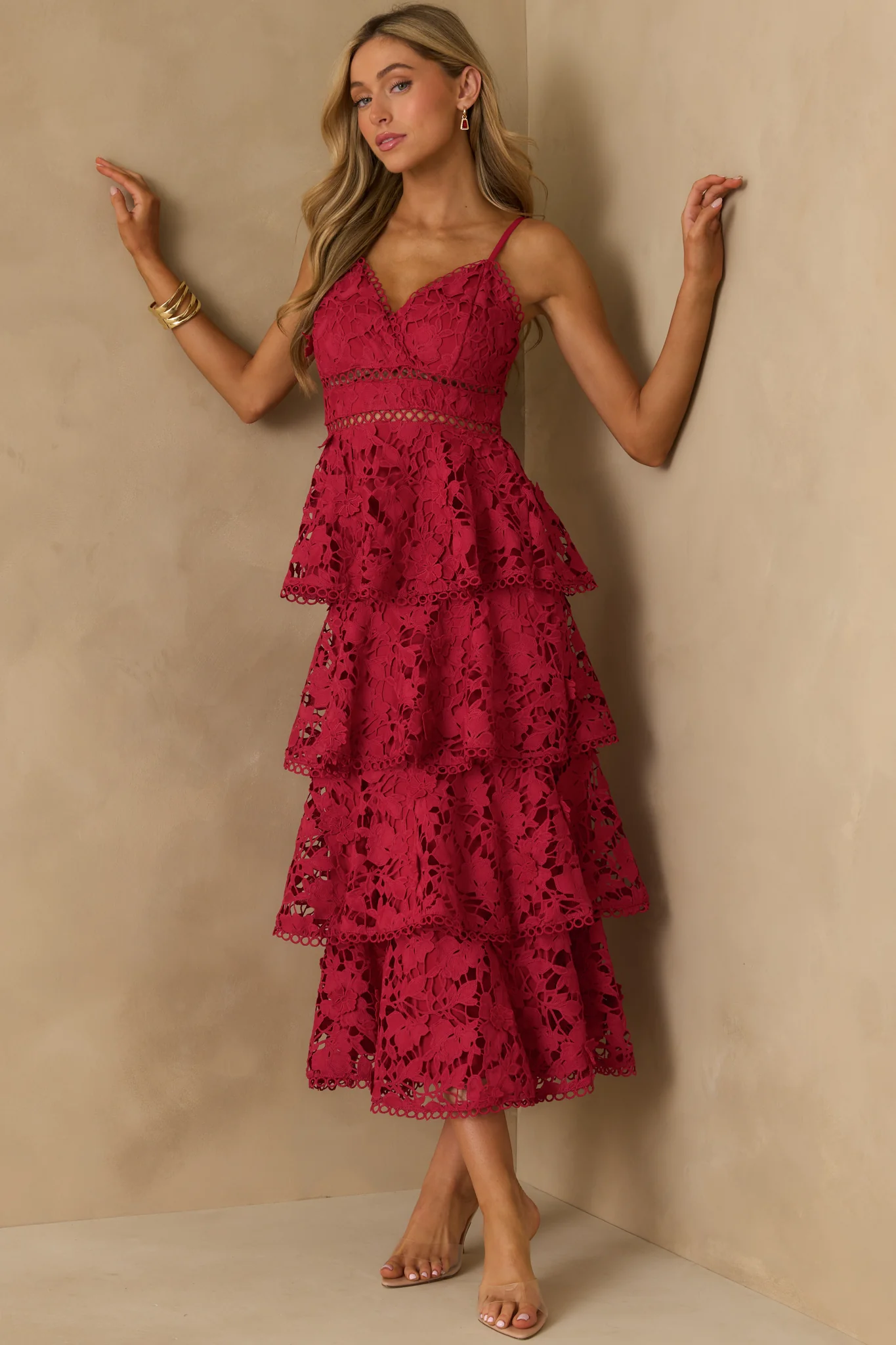 Got My Attention Red Floral Guipure Lace Tiered Maxi Dress