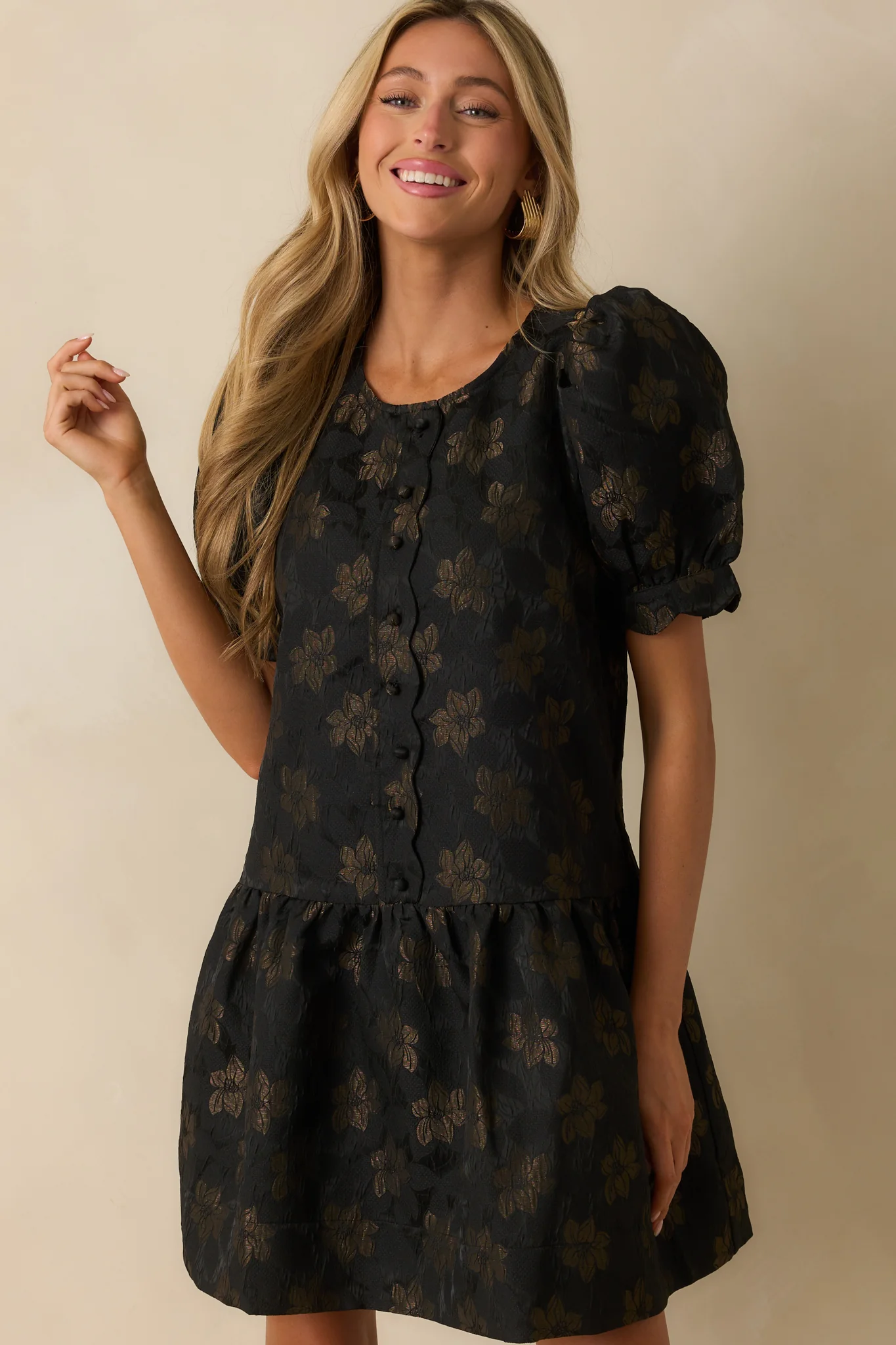 Meant To Shine Black Floral Jacquard Puff Sleeve Mini Dress