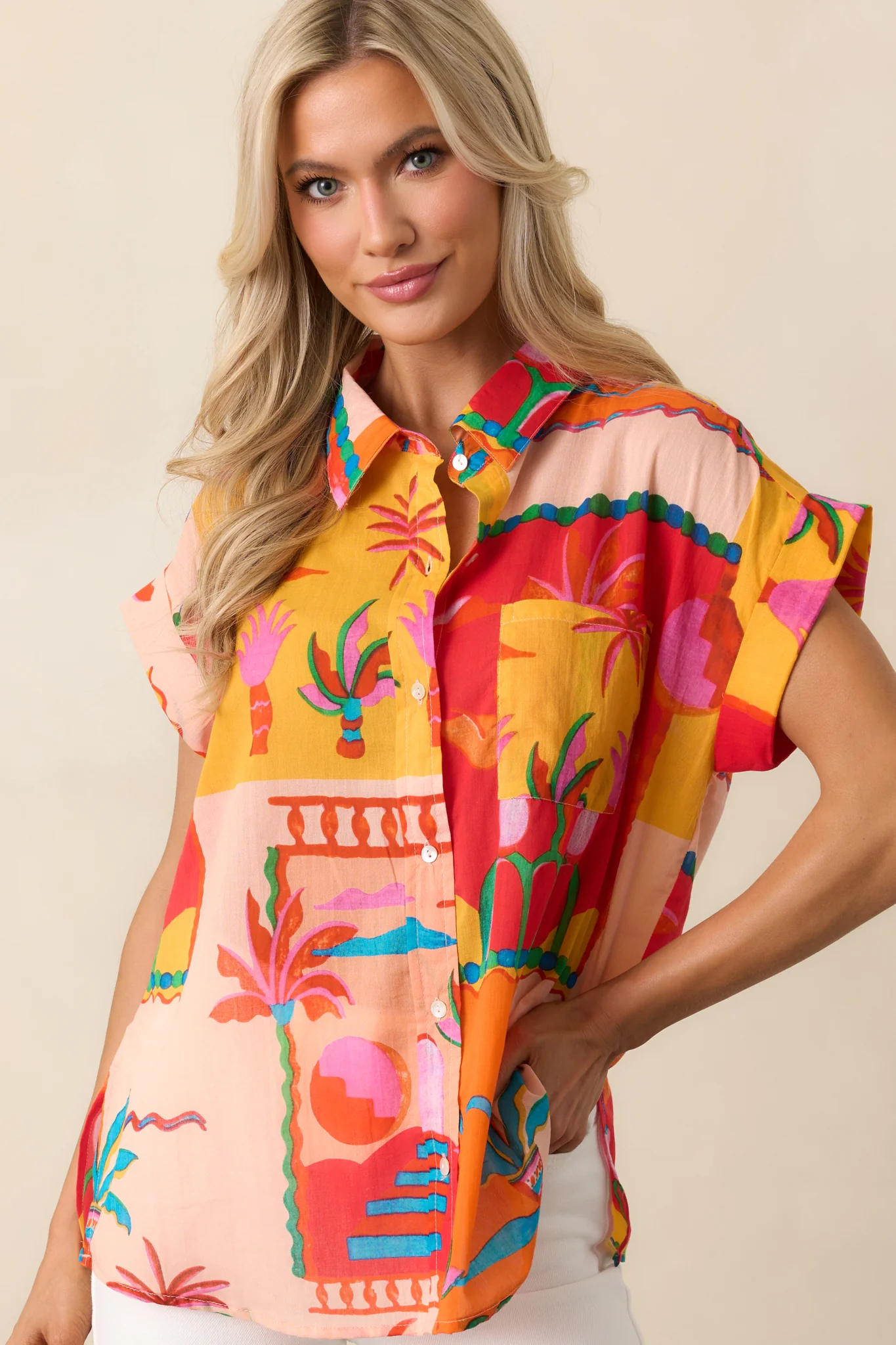 Urban Jungle Orange Tropical Print Cotton Button Front Top