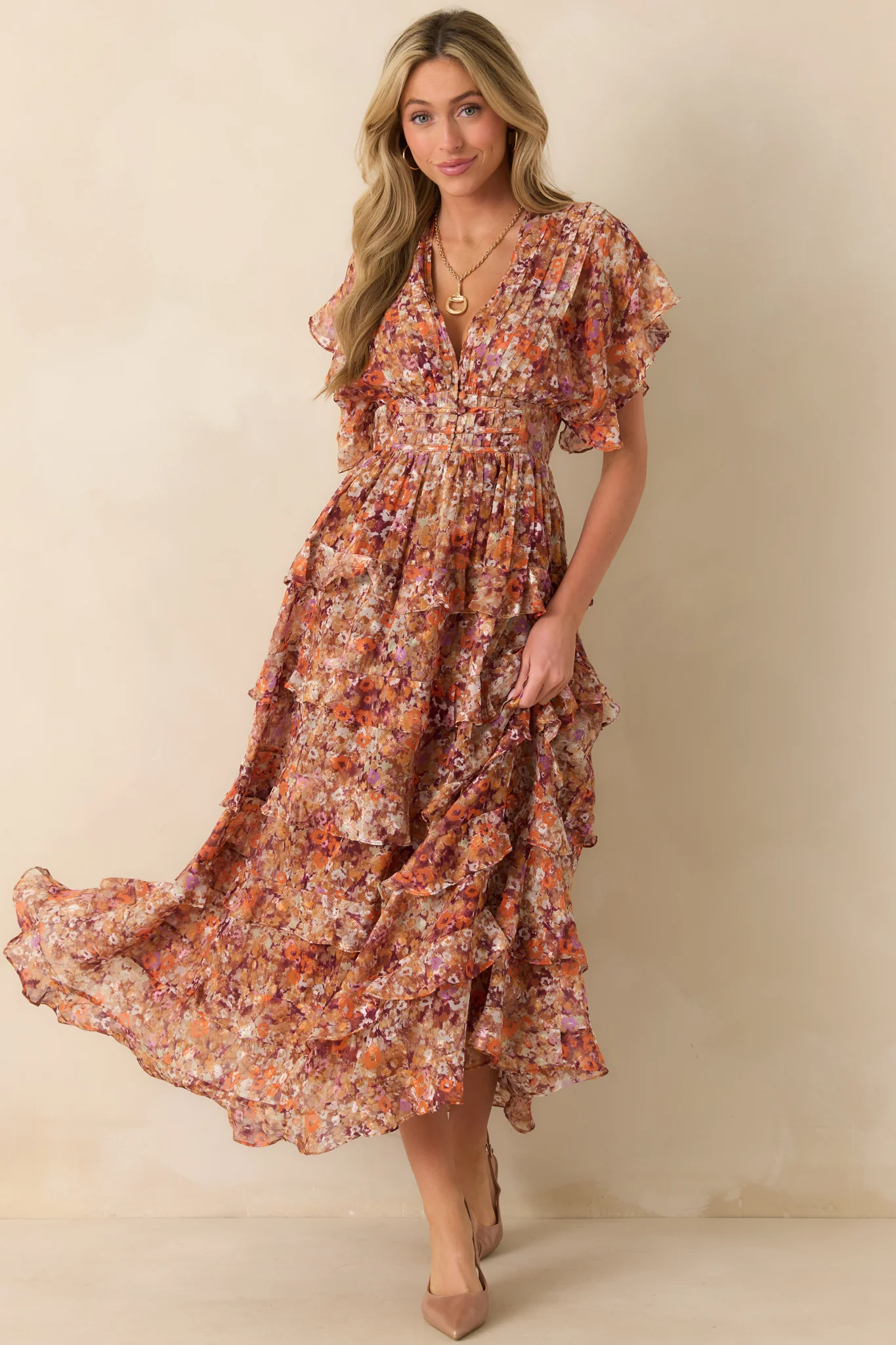 Room To Bloom Terracotta Multi Floral Print Ruffle Maxi Dress
