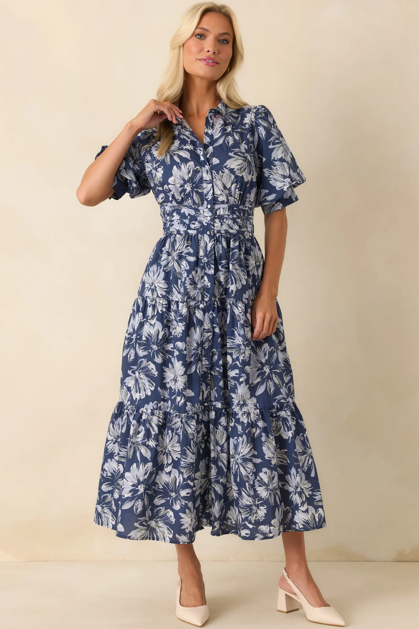 Slow Sundays Navy Floral Print Cotton Maxi Shirt Dress