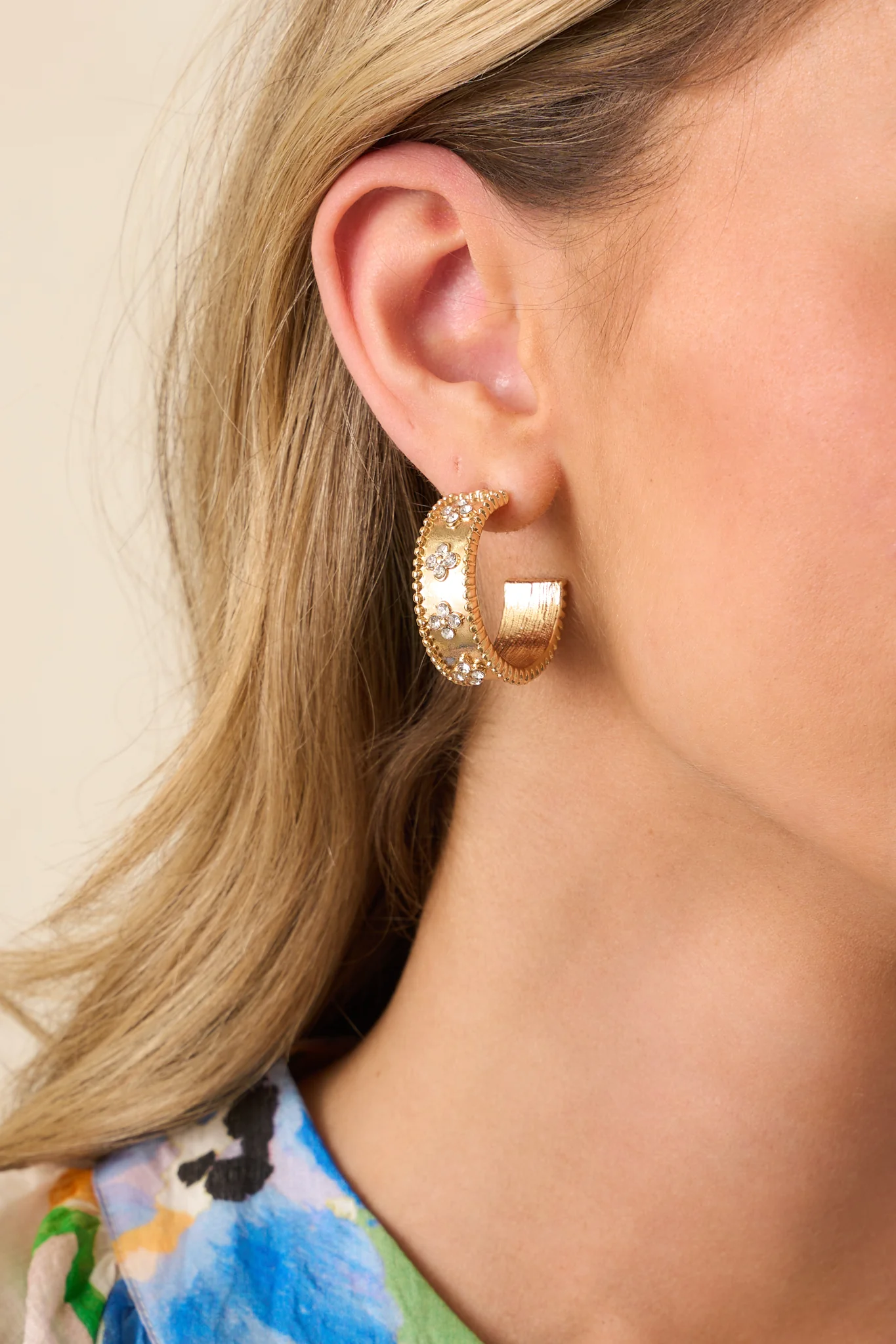 Move With Intention Gold Rhinestone Floral Hoop Earrings