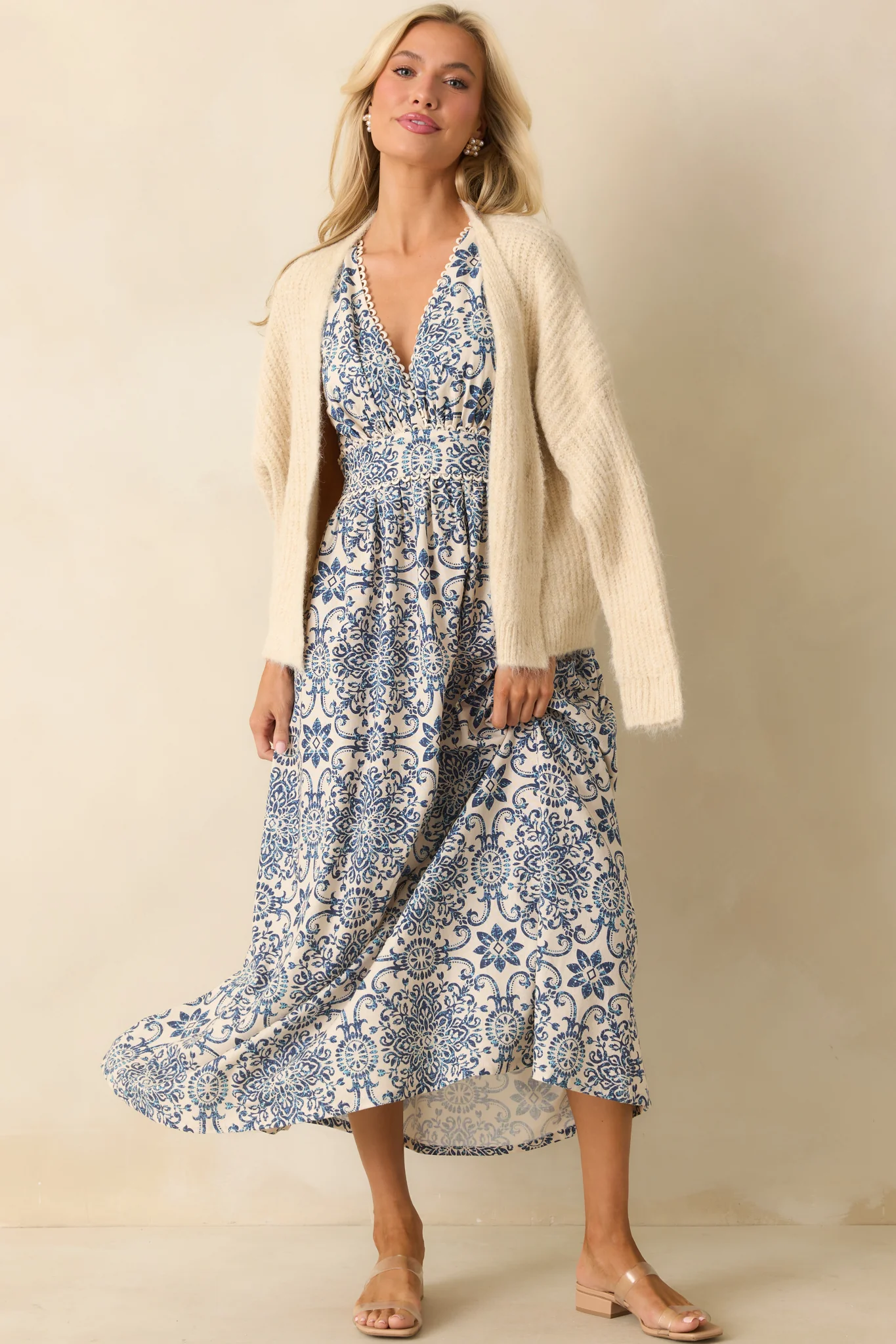 A Lovely Escape Blue Tile Print Linen Blend Sleeveless Maxi Dress