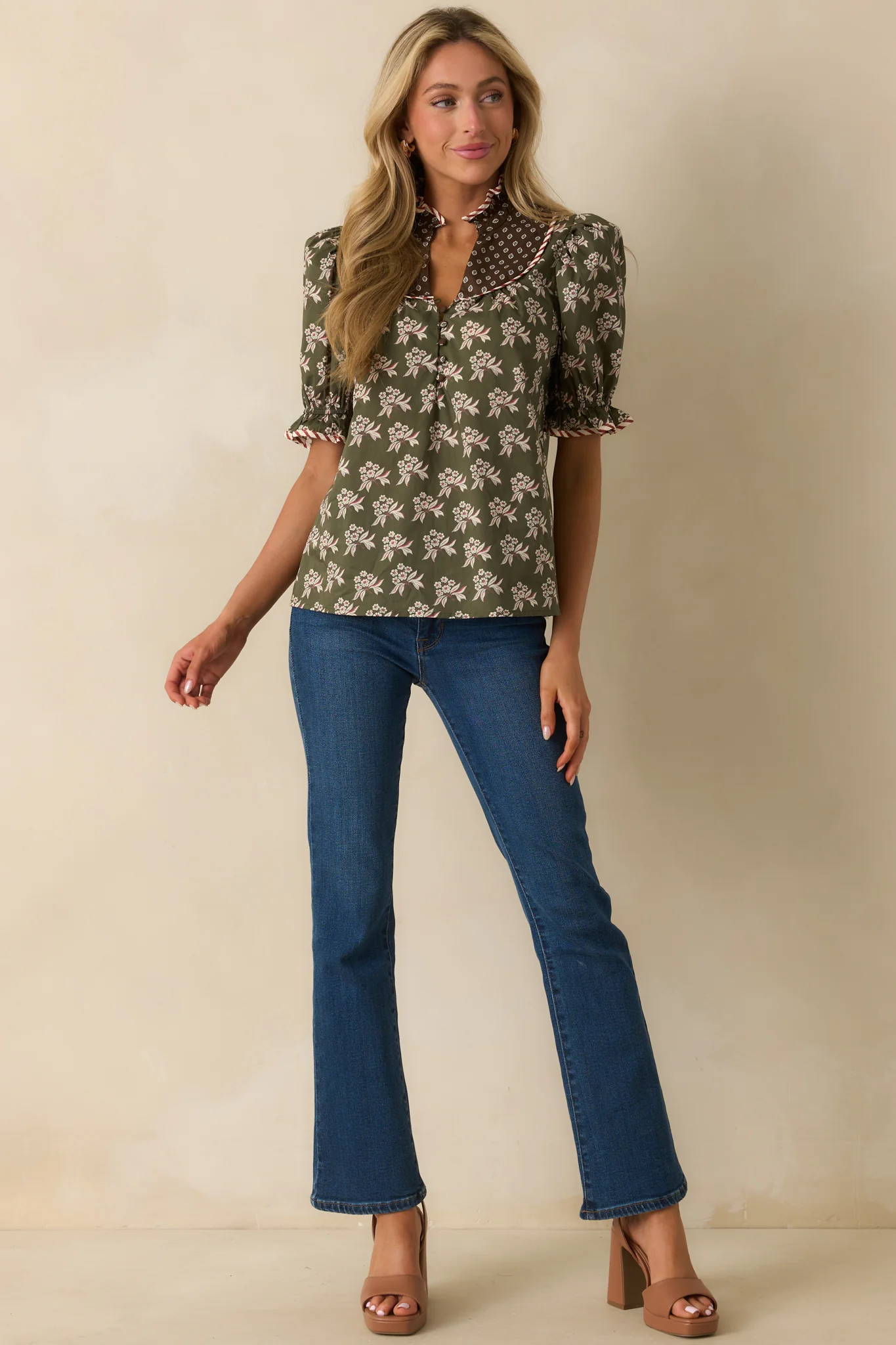 In No Time Olive Green Multi Floral Print Cotton Puff Sleeve Top