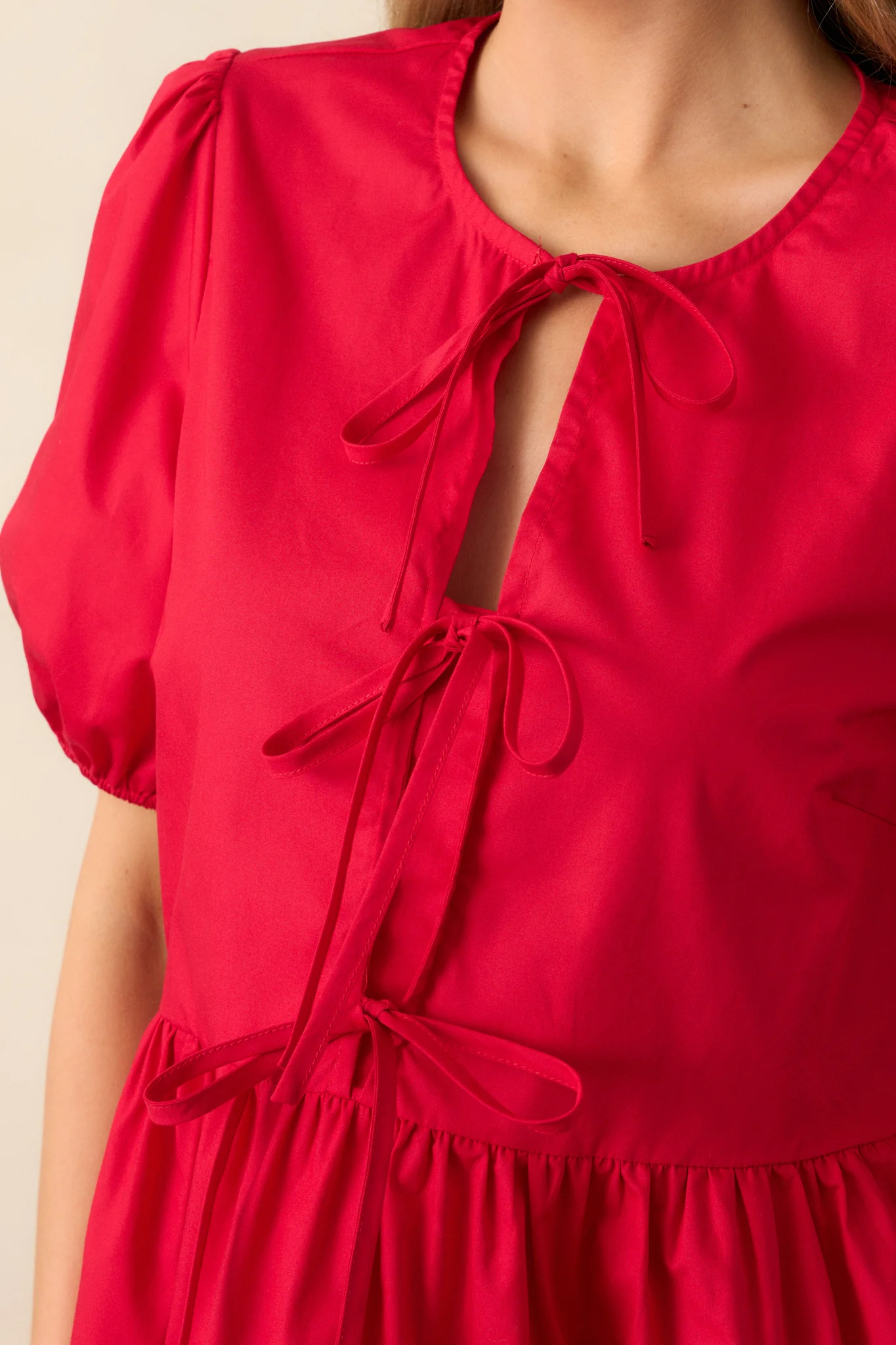 Something Special Red Cotton Bow Front Puff Sleeve Top