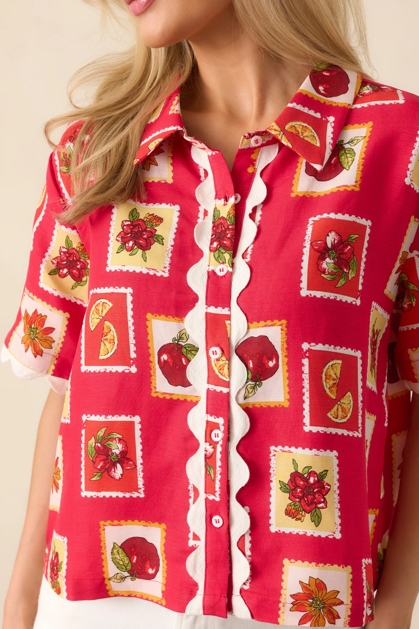 Peace Within Red Patchwork Print Linen Blend Button Front Top