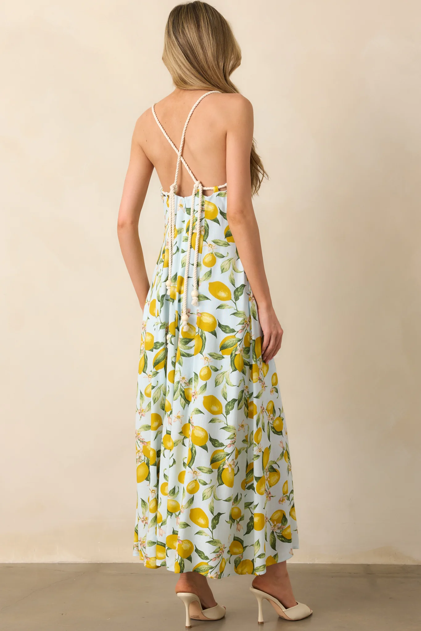 In The Shade Light Blue Lemon Print Cross Back Maxi Dress