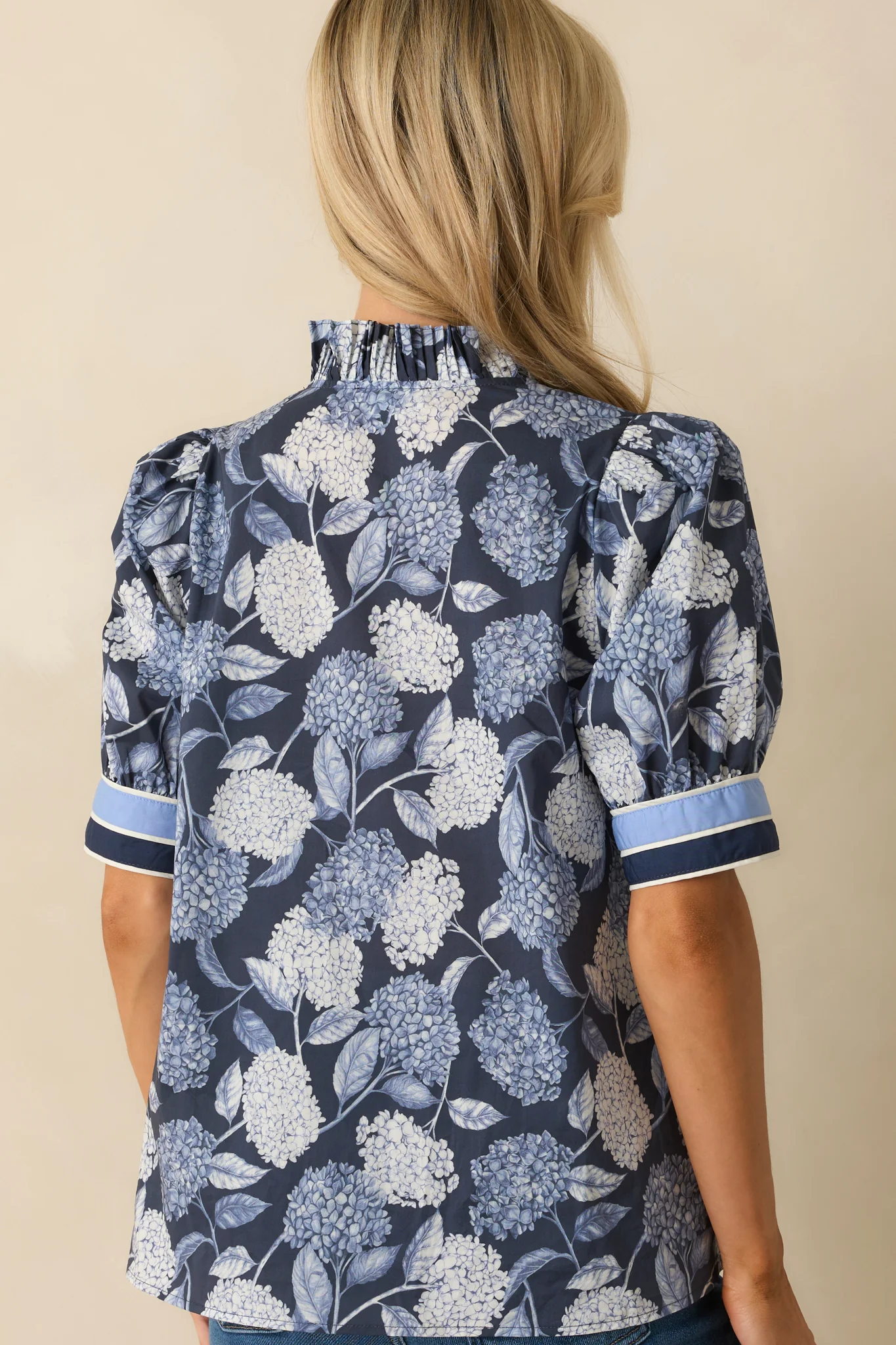 Fell Into Place Blue Hydrangea Floral Print Cotton Puff Sleeve Top