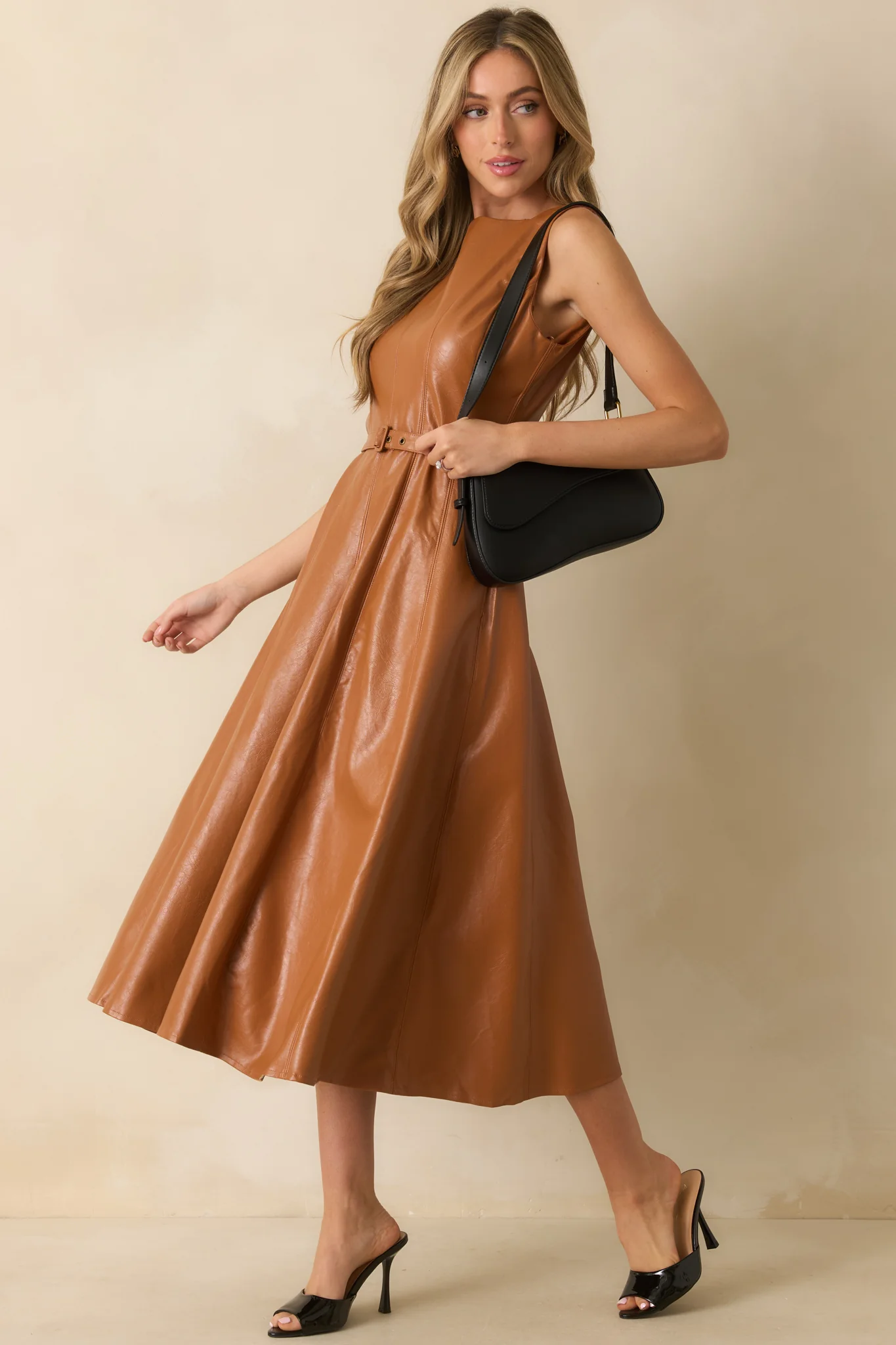 Caramel Brown Faux Leather Belted Maxi Dress