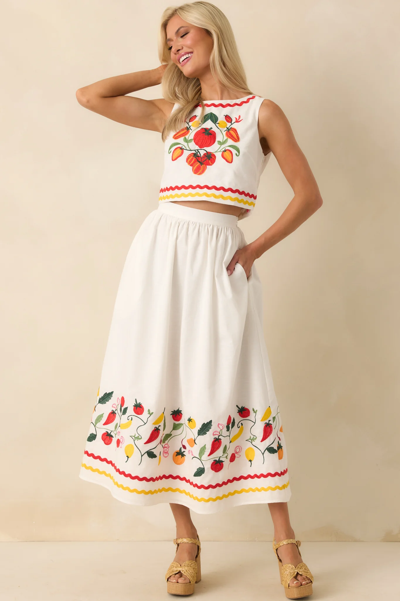 Prosperina Ellie Tomato Embroidered Ivory Cotton Top