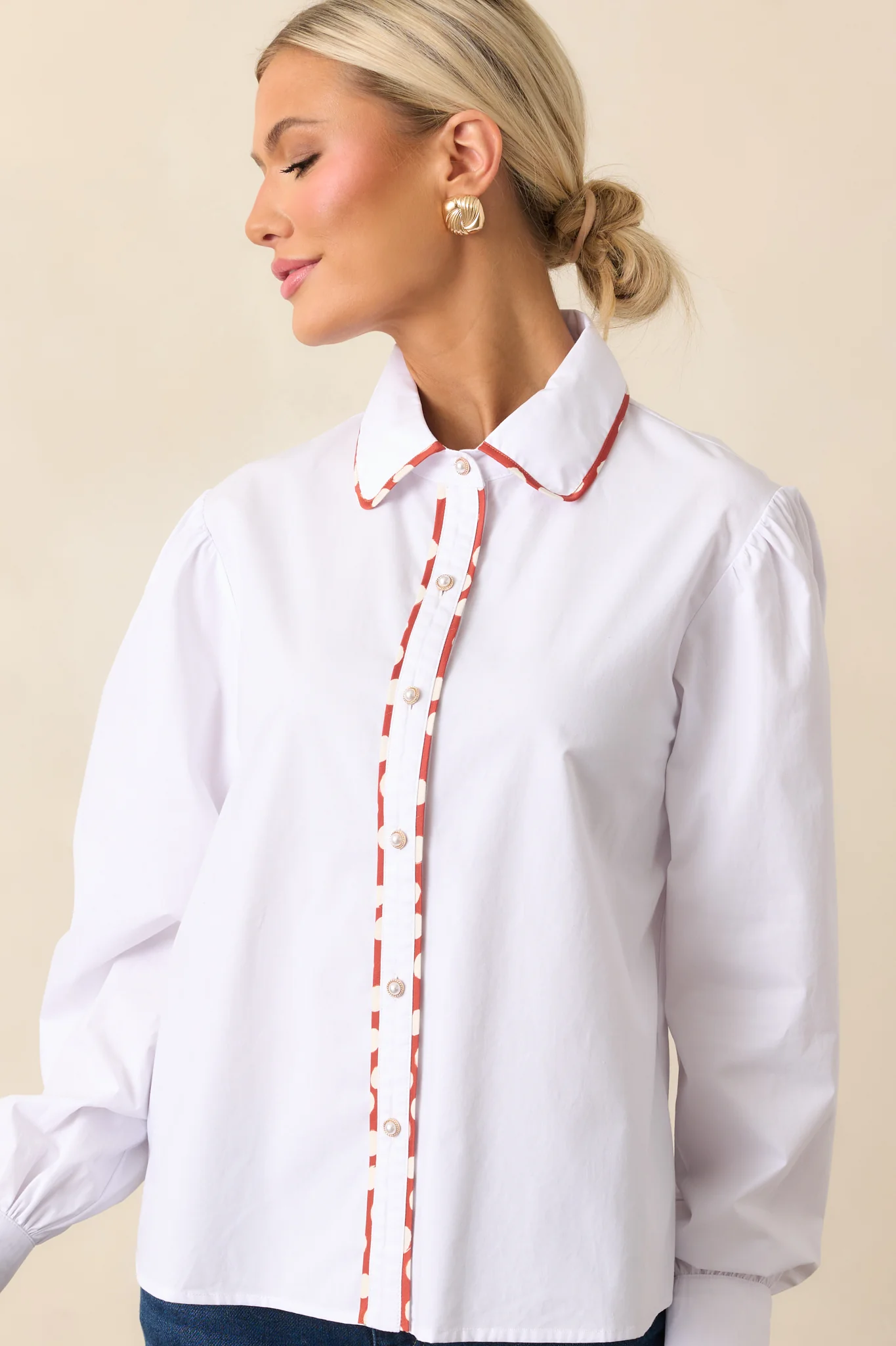 Prosperina Vivian White Cotton Contrast Trim Top