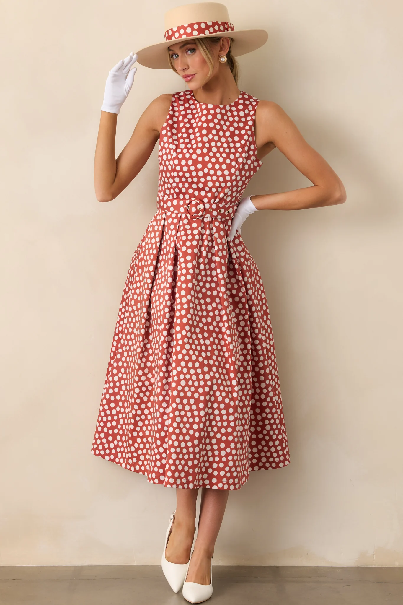 Prosperina Ava Brick Red Polka Dot Cotton Midi Dress
