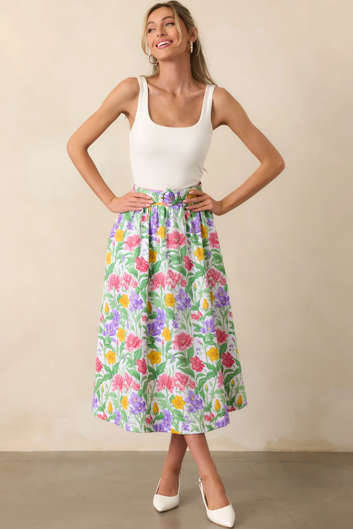 Thena Garden Party Floral Cotton Belted Midi Skirt