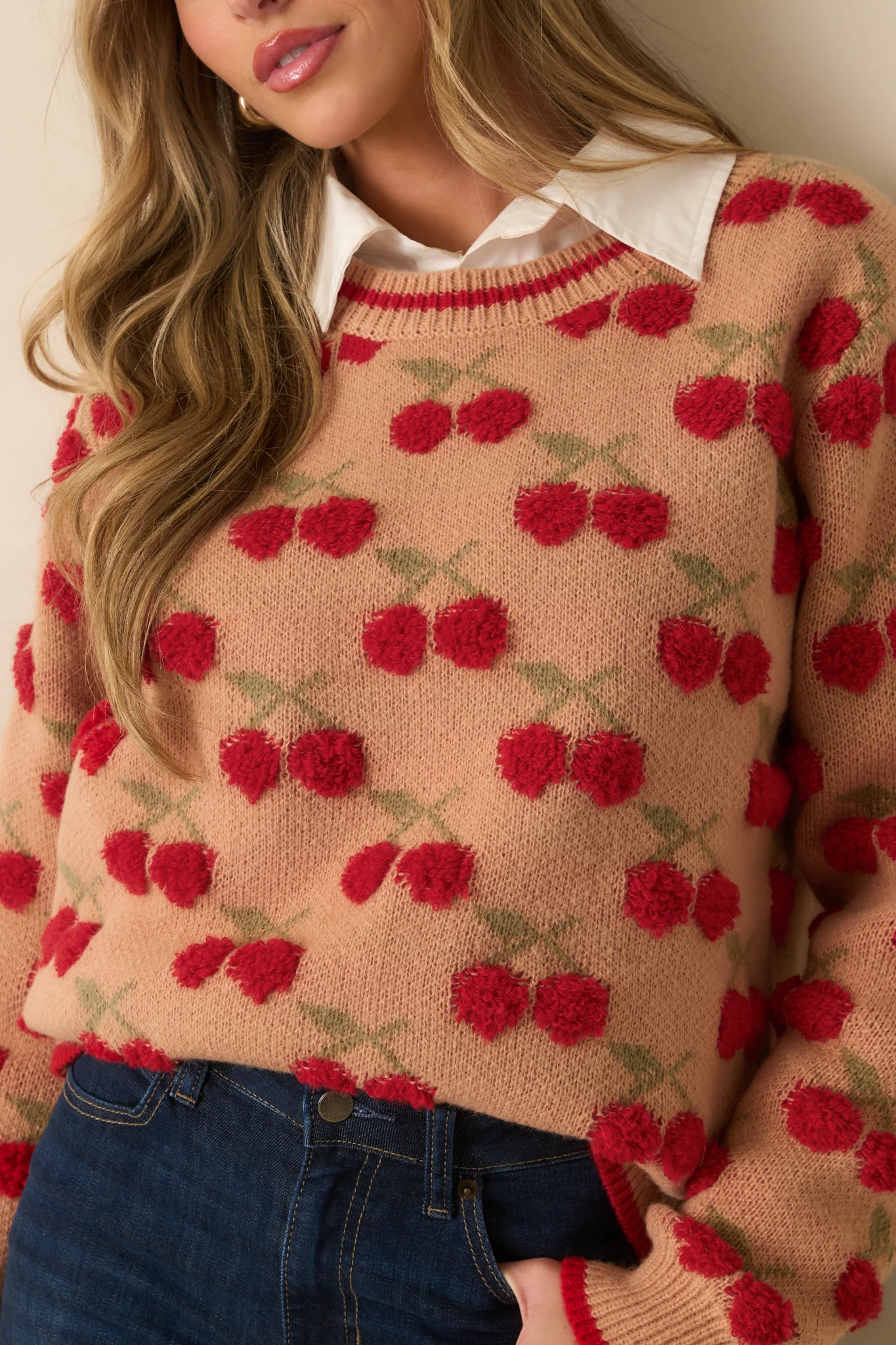 Camel Brown Cherry Knit Long Sleeve Sweater