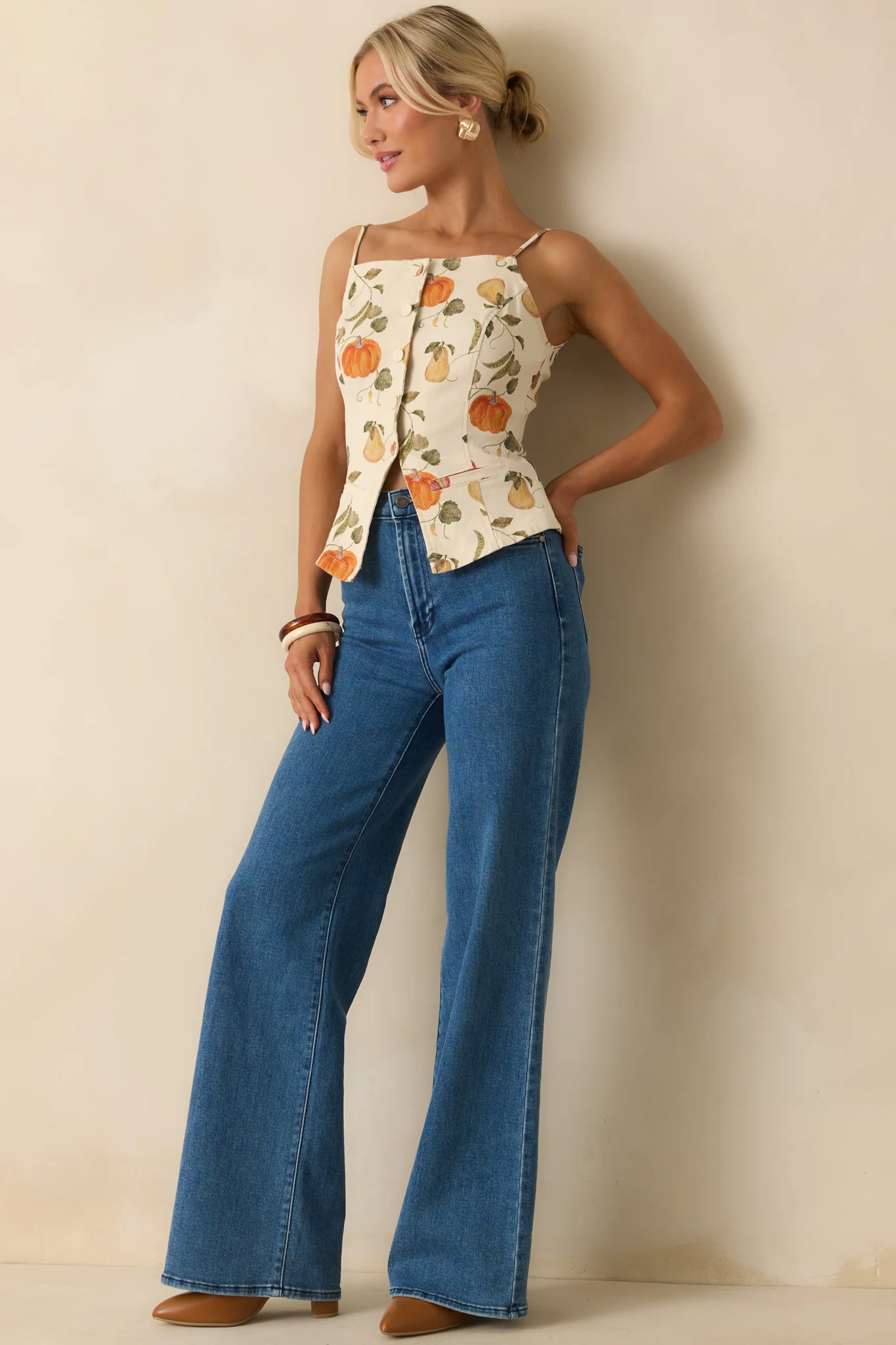 Living Life Slowly Ivory Multi Vegetable Print Cotton Button Up Top