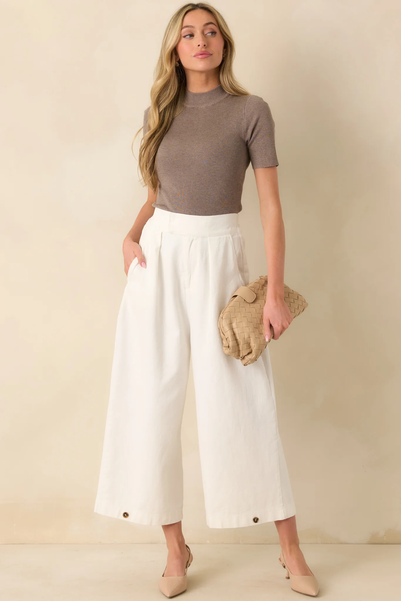 Without Thinking Dark Taupe Ribbed Mock Neck Short Sleeve Top