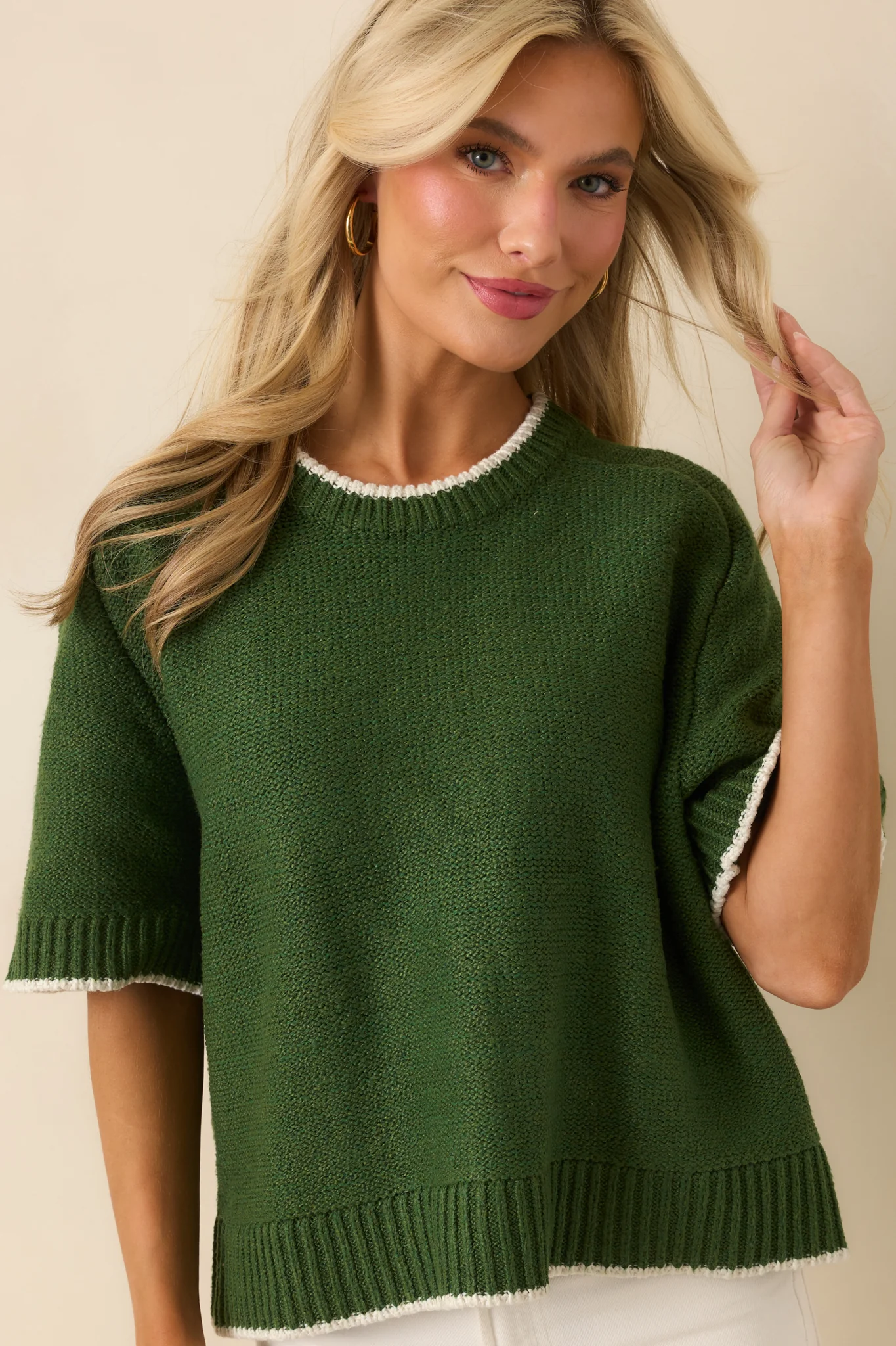 Never Looked Back Green Contrast Trim Short Sleeve Sweater