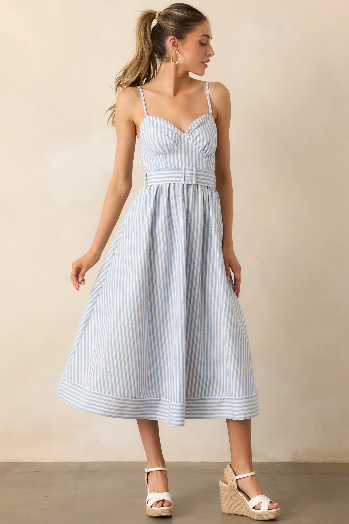 Every Little Thing Light Blue Stripe Belted Midi Dress