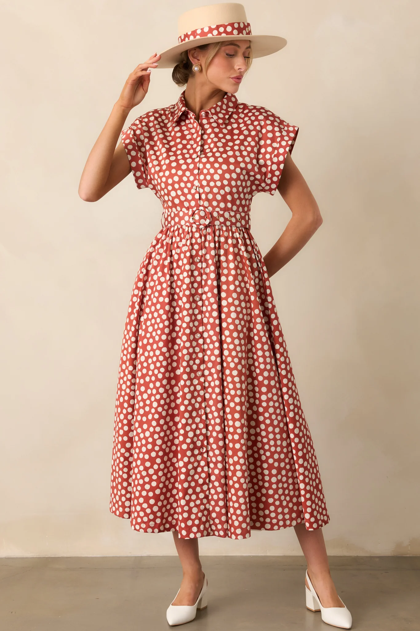 Prosperina Jocelyn Brick Red Polka Dot Cotton Maxi Dress