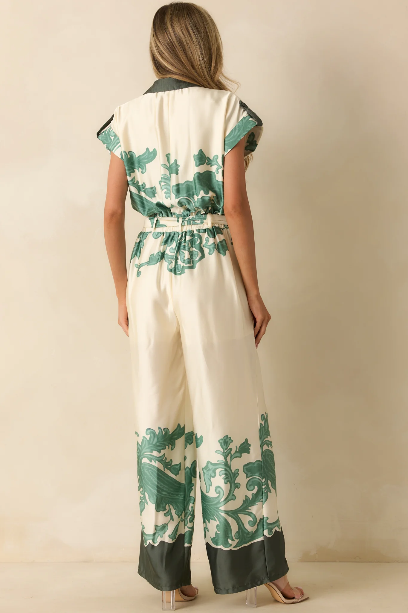 Green Multi Print Button-Up Wide-Leg Jumpsuit
