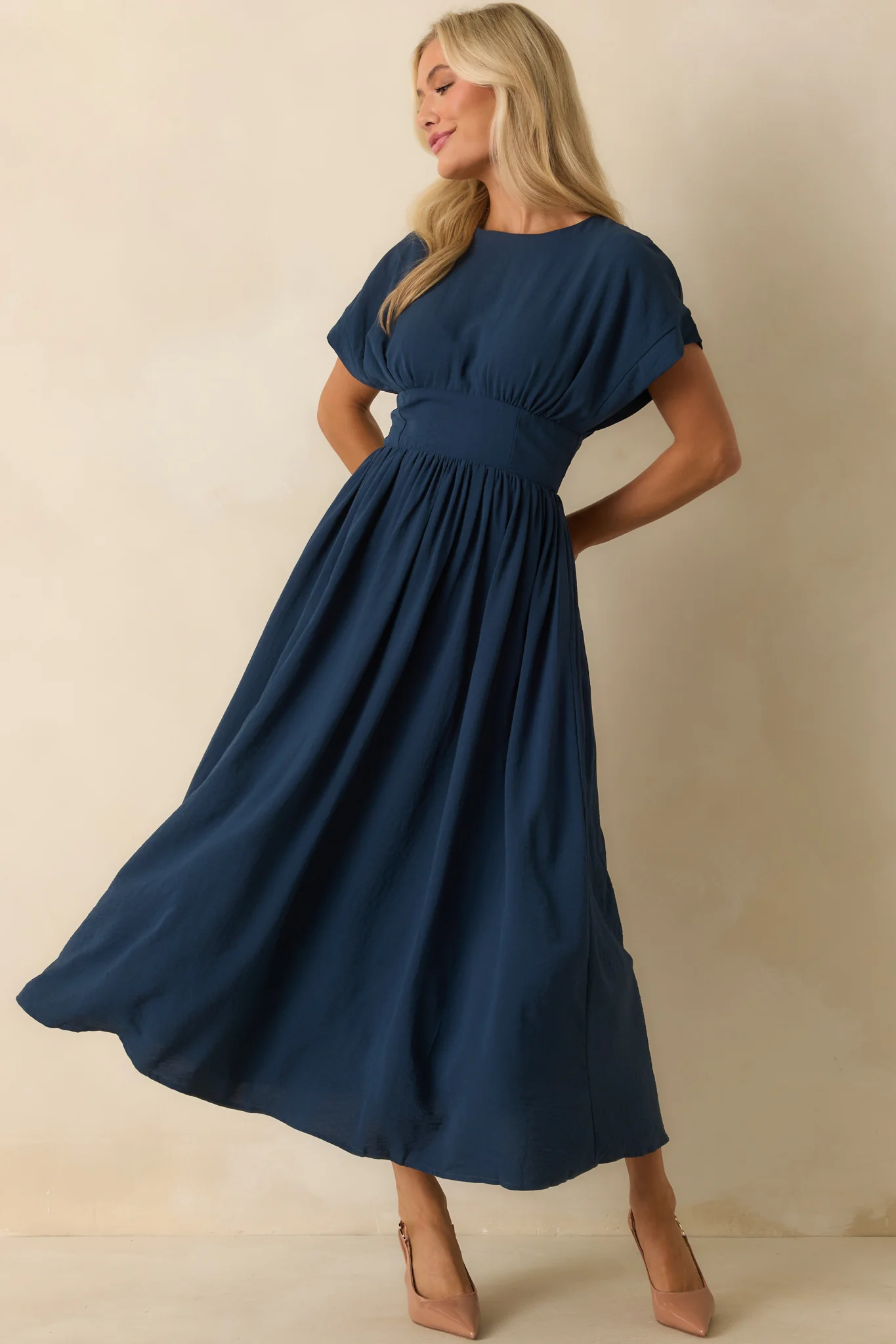 As Promised Navy Short Sleeve Cinched Waist Maxi Dress