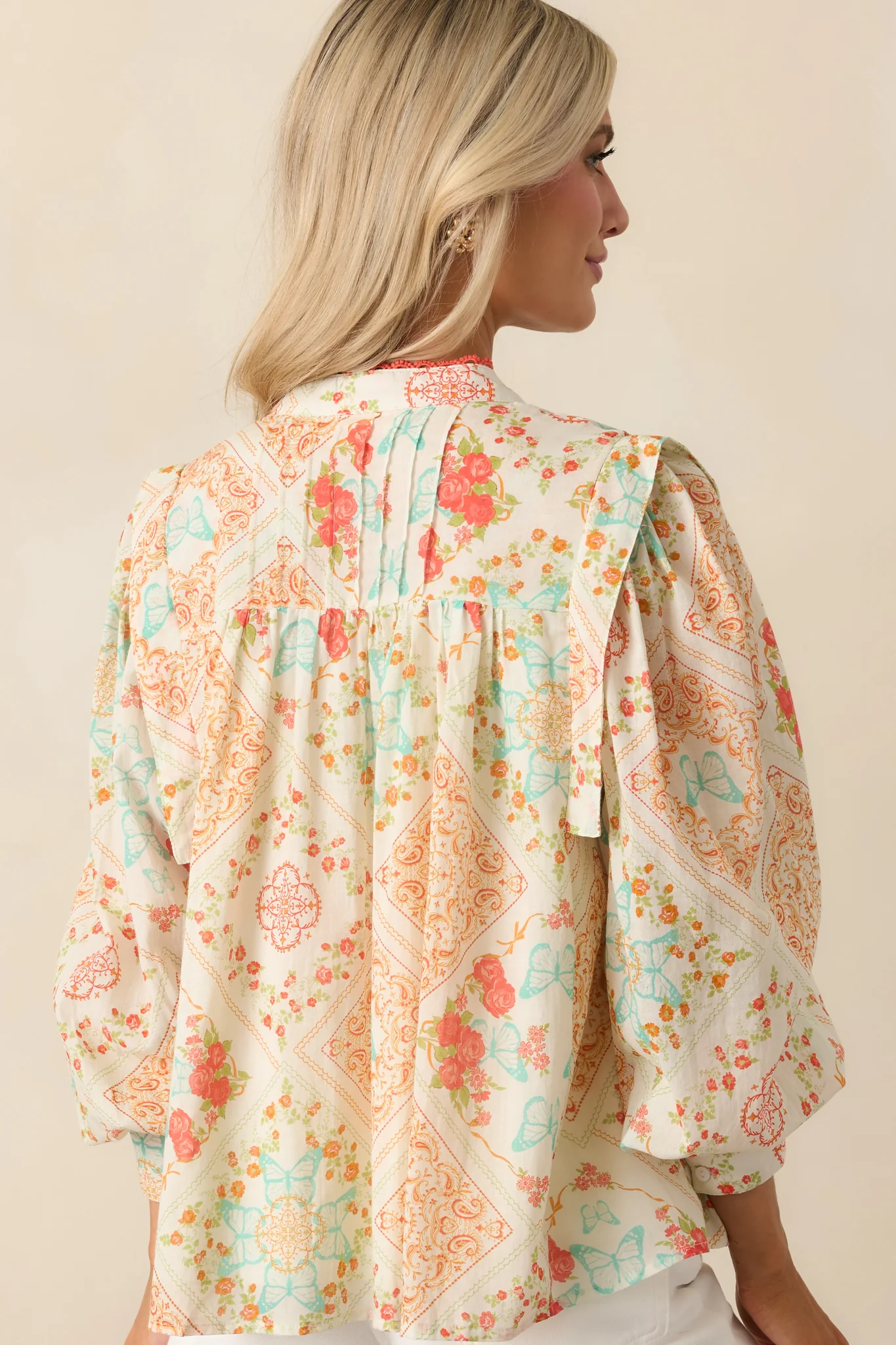 Moments That Linger Orange Patchwork Cotton Button Front Top