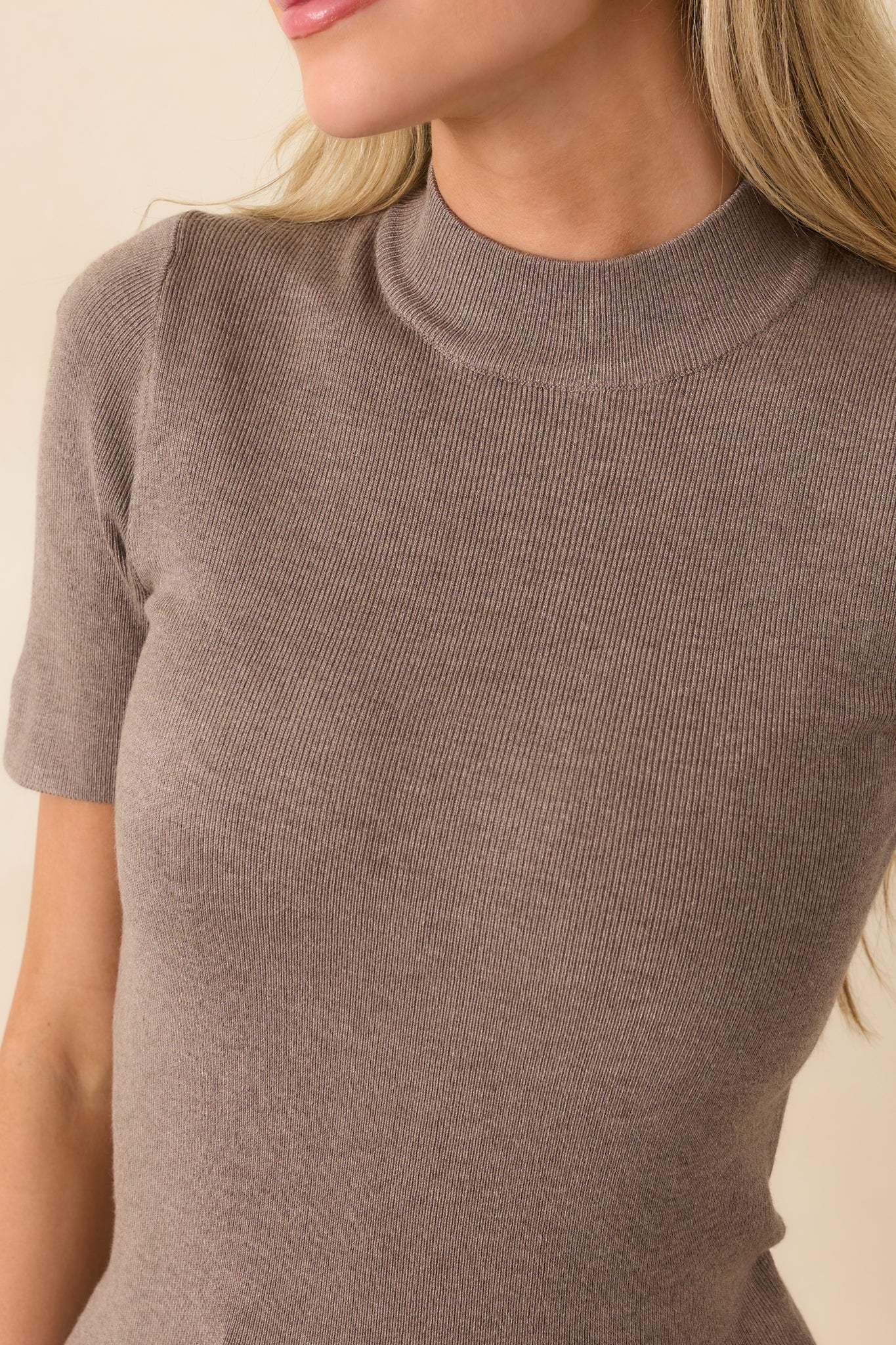 Without Thinking Dark Taupe Ribbed Mock Neck Short Sleeve Top
