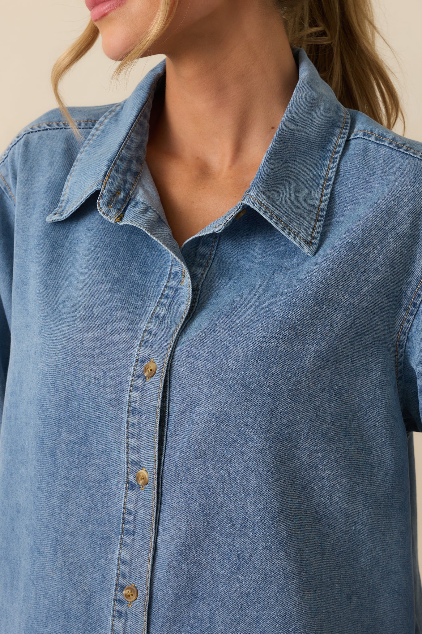 Through Every Change Light Wash Cotton Denim Button Up Top