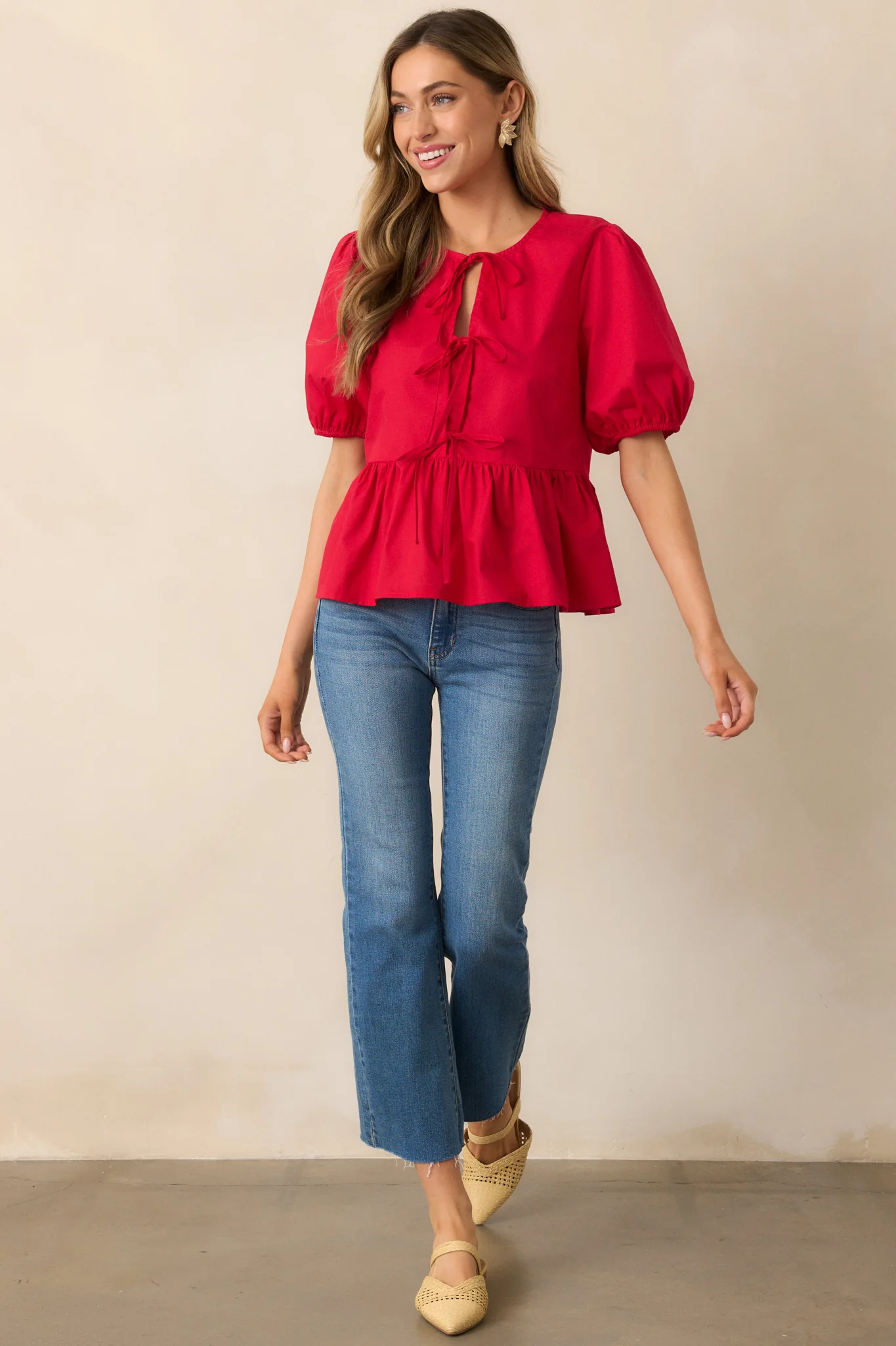 Something Special Red Cotton Bow Front Puff Sleeve Top