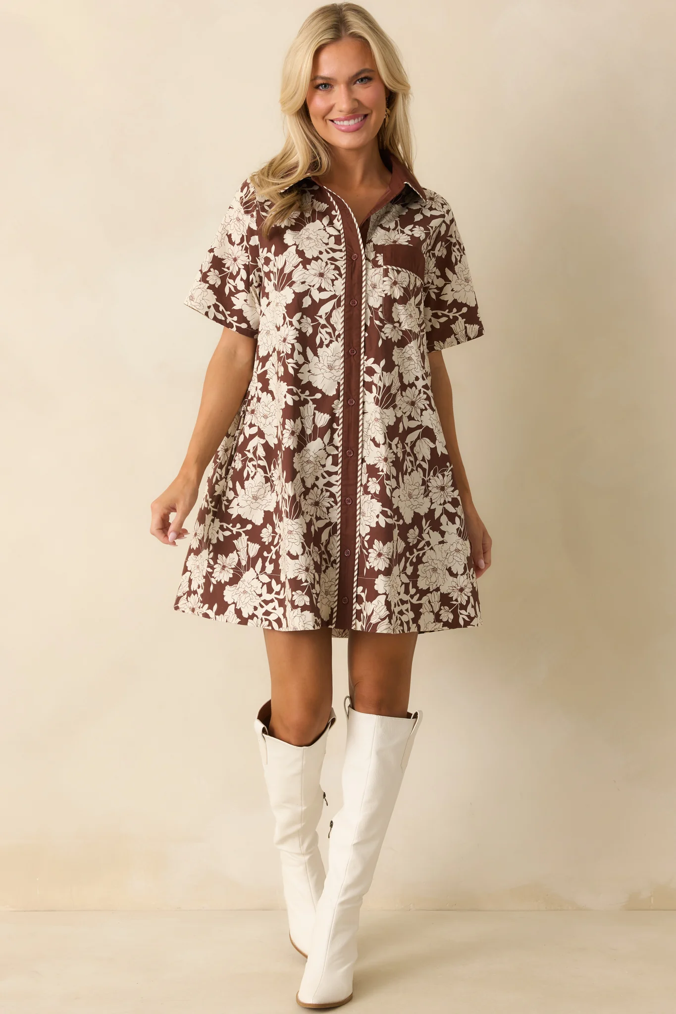 Right Where I Belong Brown Multi Floral Print Mini Shirt Dress