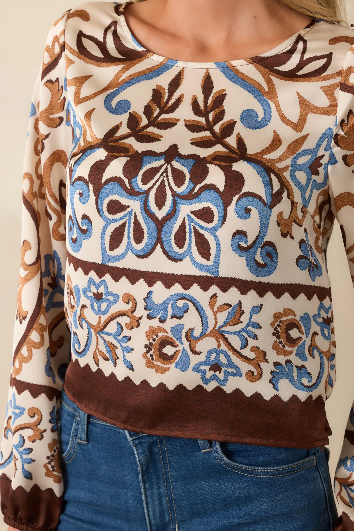 It'll All Make Sense Ivory Multi Print Satin Long Sleeve Top