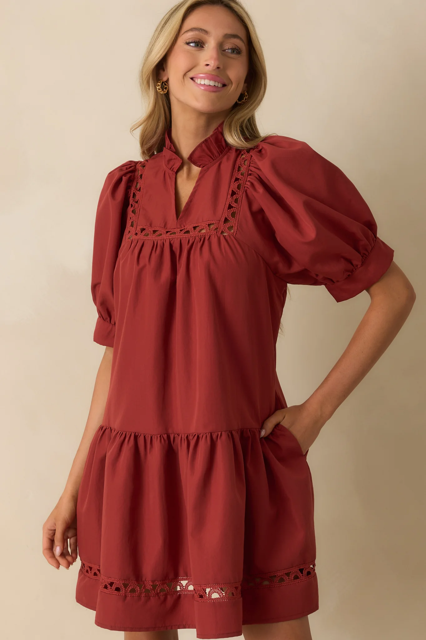 Feels Just Right Brick Red Puff Sleeve Embroidered Eyelet Mini Dress