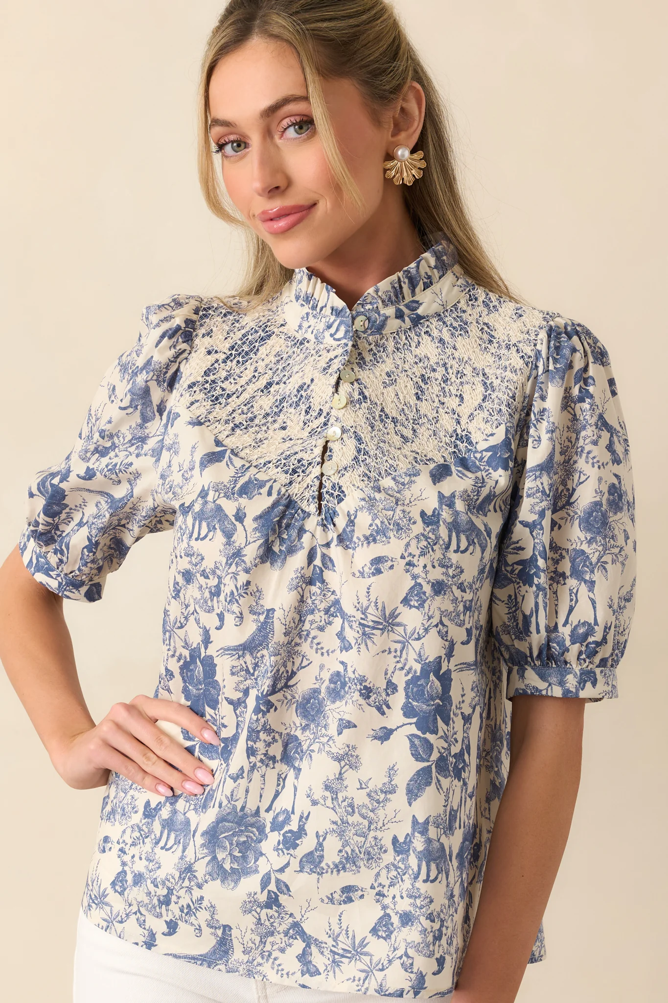 Blue Cotton Toile Half Sleeve Top