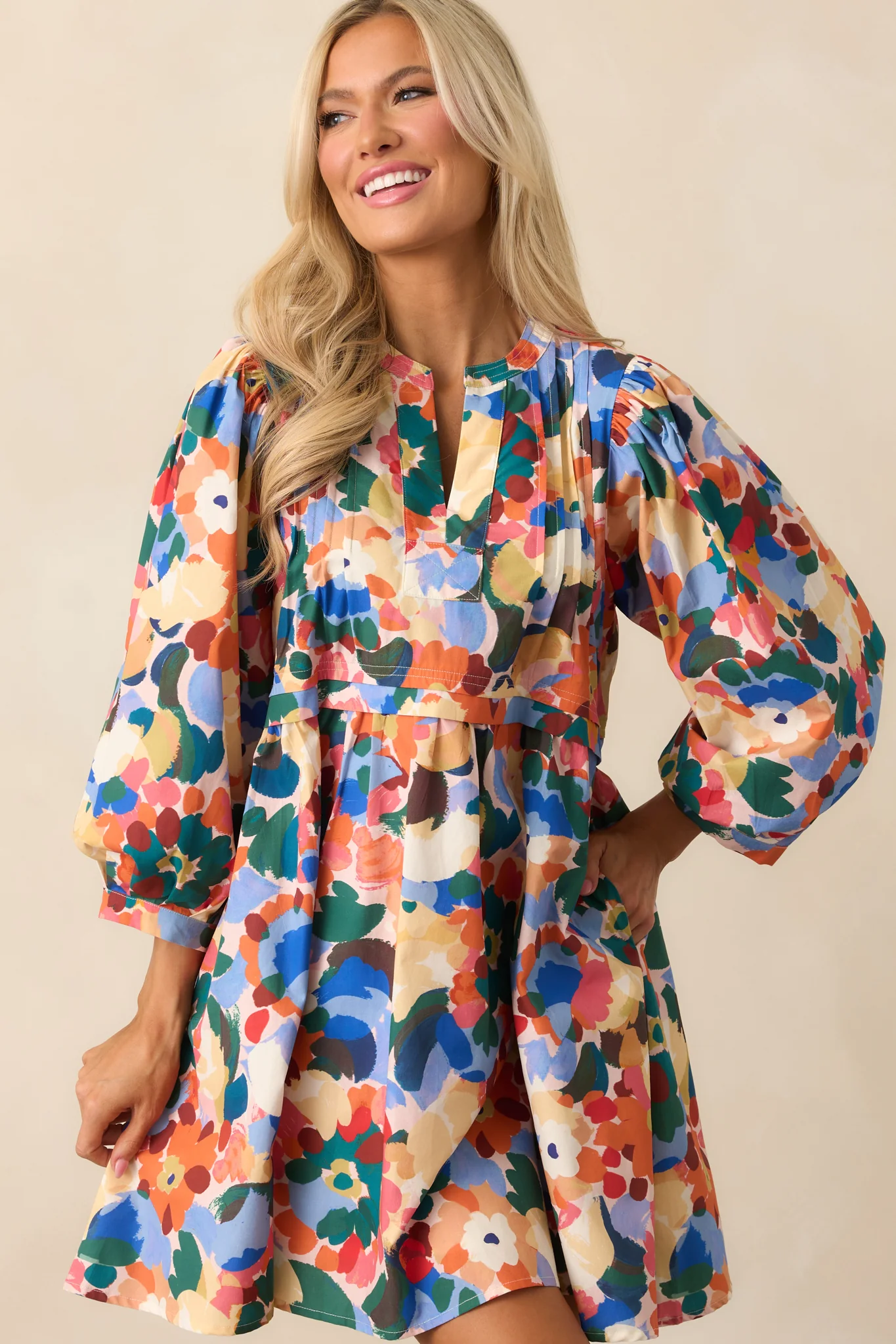 Orange Multi Floral Print Cotton Mini Dress