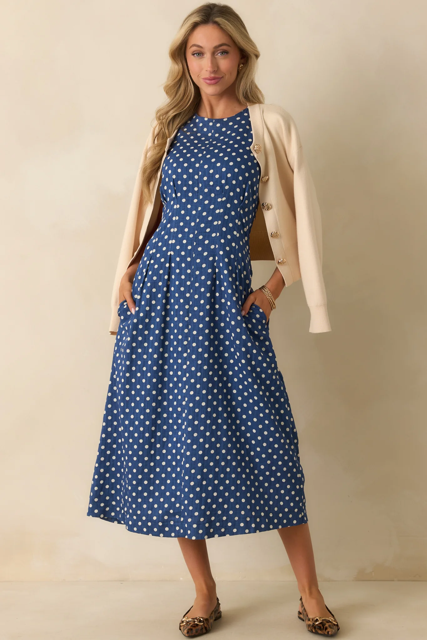 Nothing But Chic Blue Polka Dot Cotton Sleeveless Midi Dress