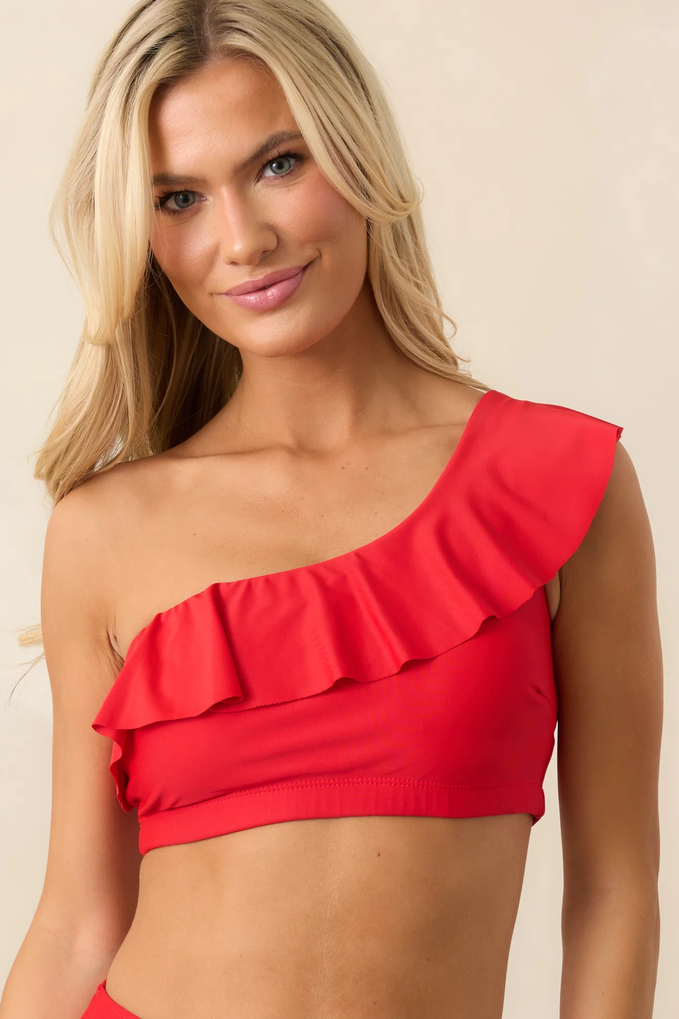 Sea Of Serenity Red One Shoulder Ruffle Bikini Top