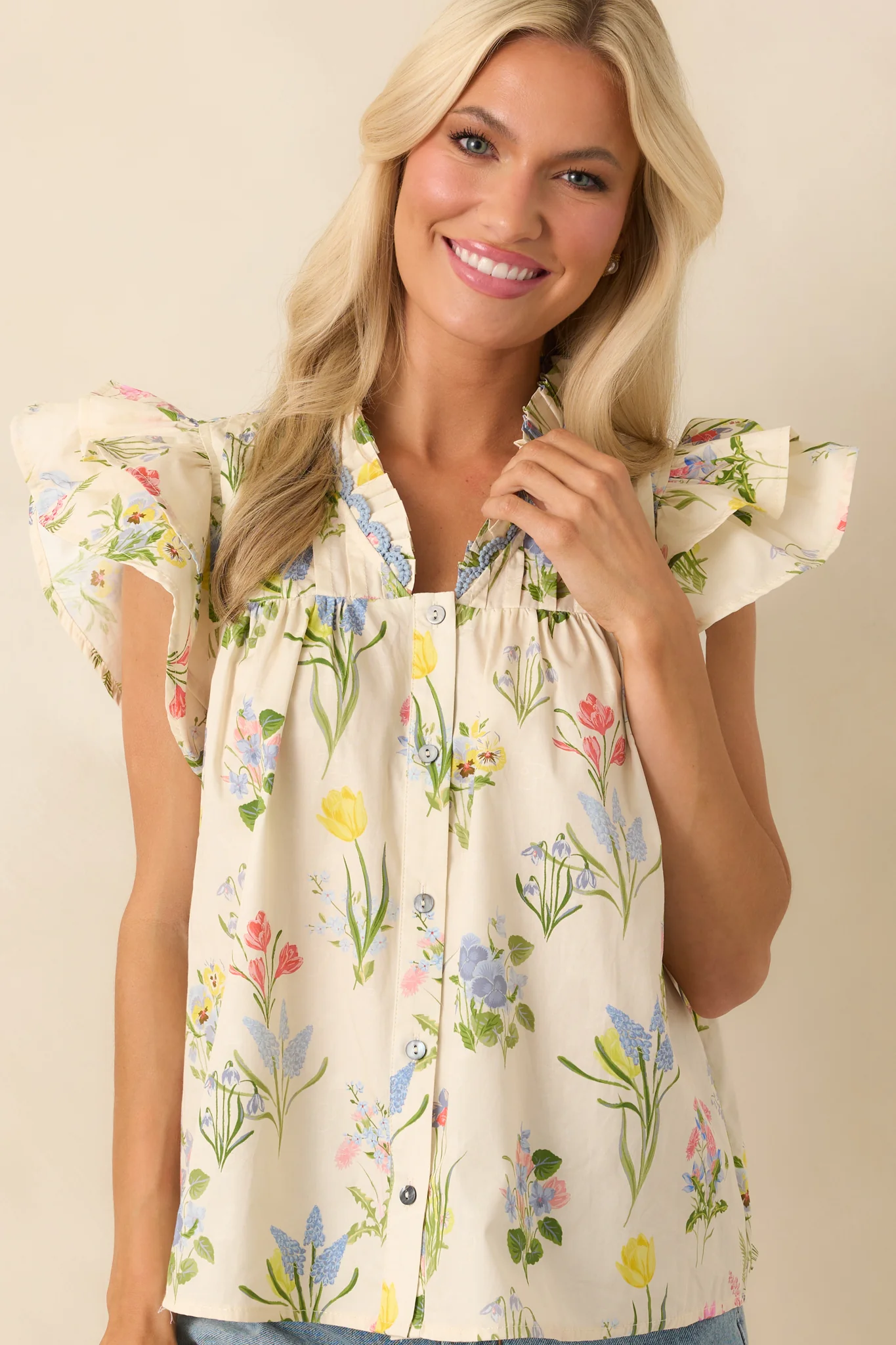 Worth The View Ivory Floral Print Cotton Button Front Top