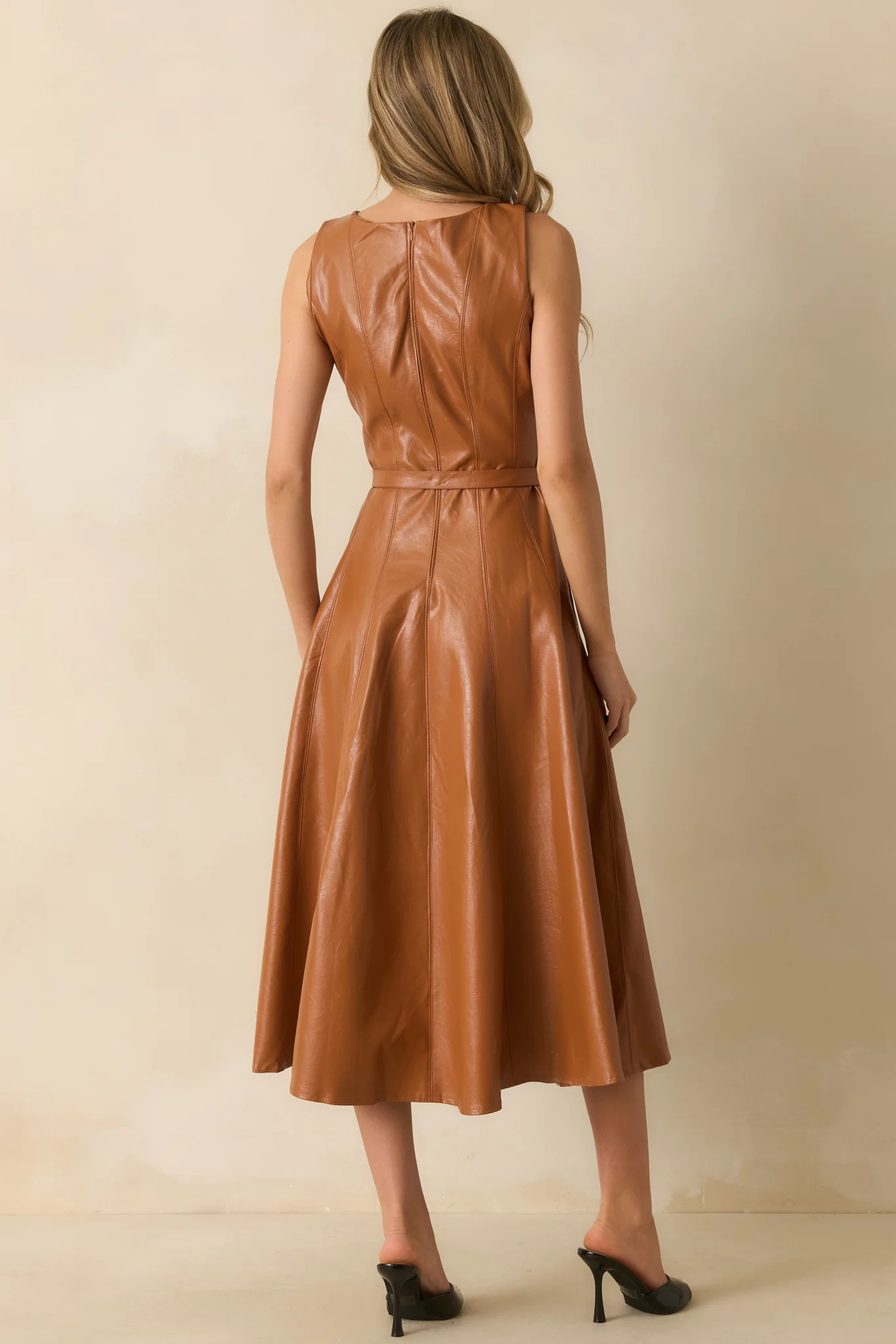 Caramel Brown Faux Leather Belted Maxi Dress