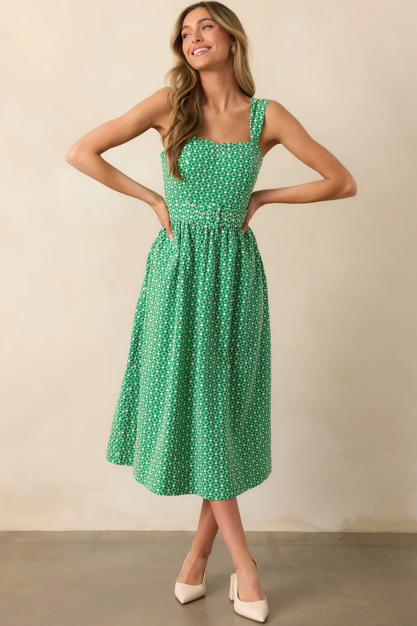 Cameron Meadow Green Cotton Belted Midi Dress