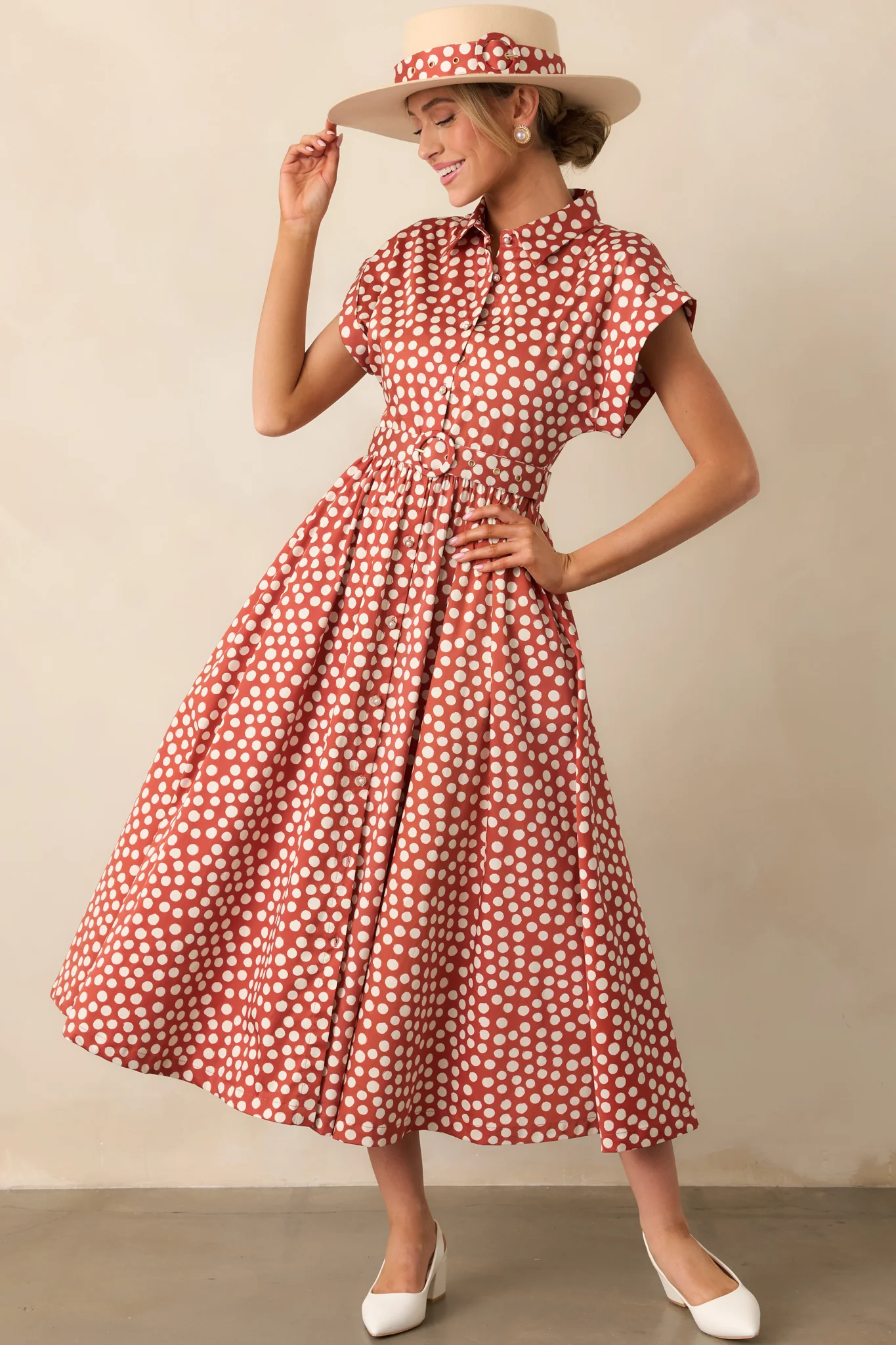 Prosperina Jocelyn Brick Red Polka Dot Cotton Maxi Dress