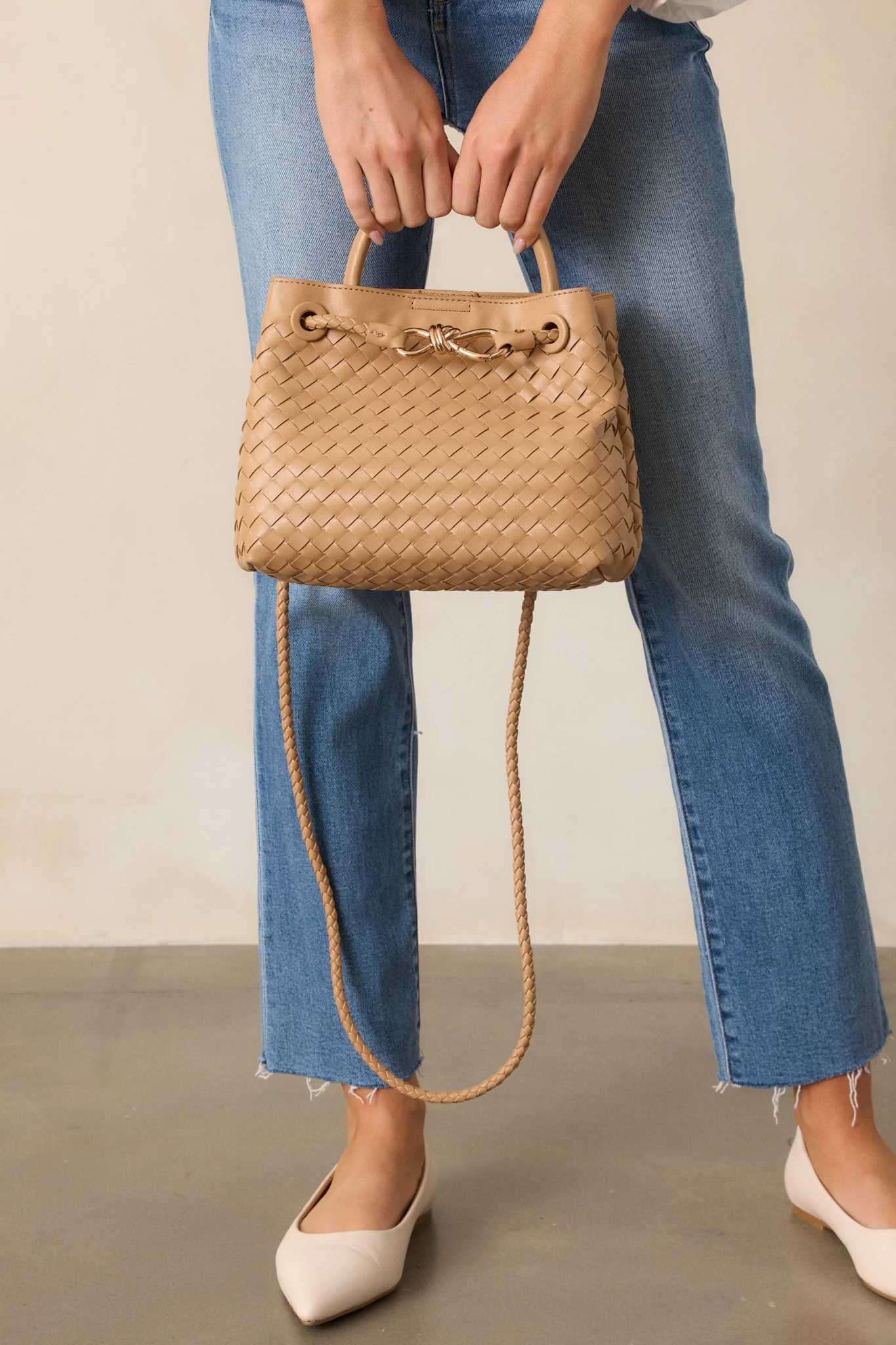 Just My Type Tan Woven Faux Leather Handbag