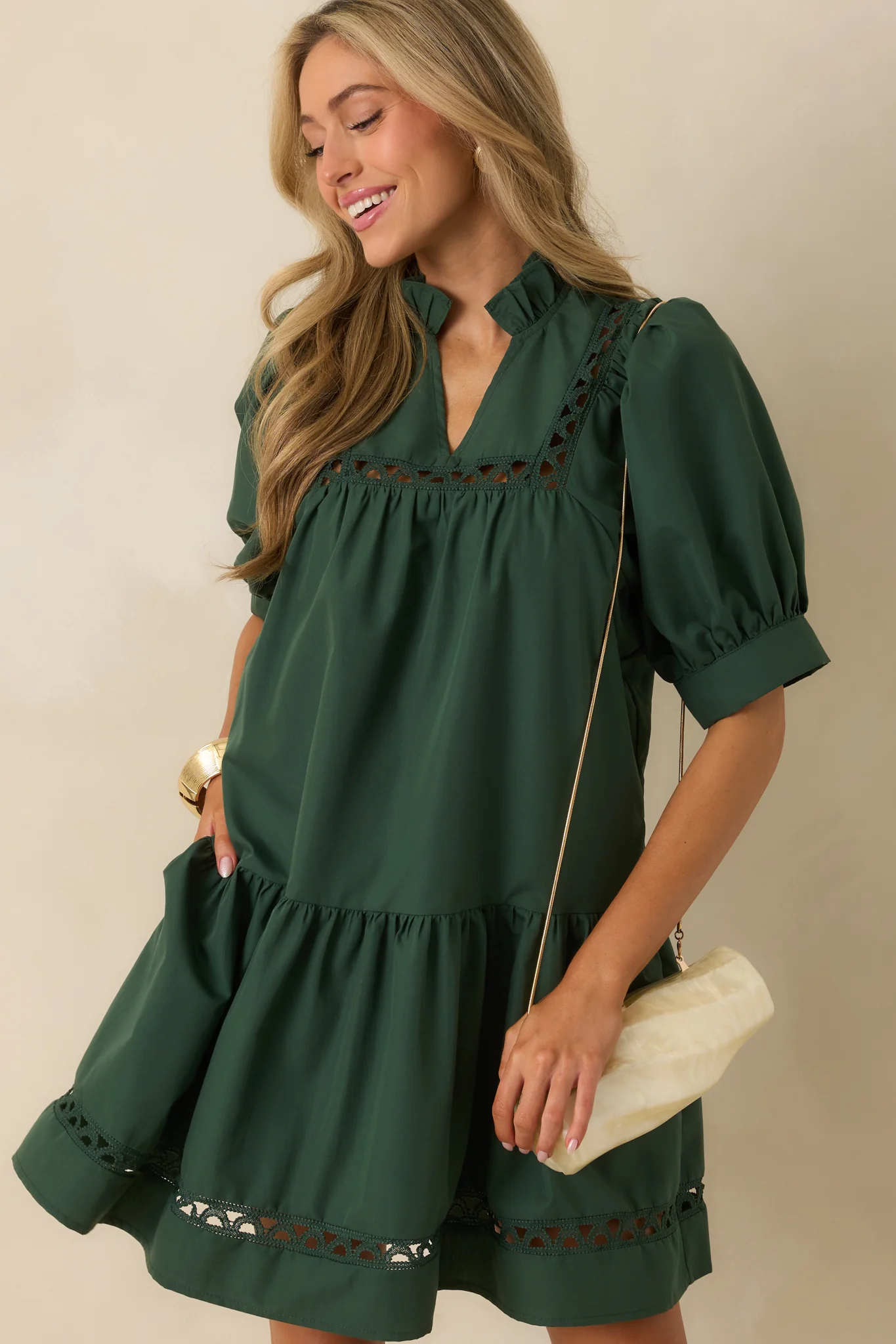Feels Just Right Hunter Green Puff Sleeve Embroidered Eyelet Mini Dress