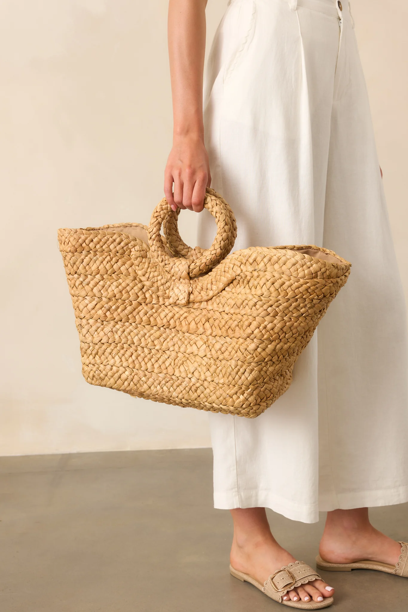 Stop And Smell The Roses Tan Raffia Woven Tote Handbag