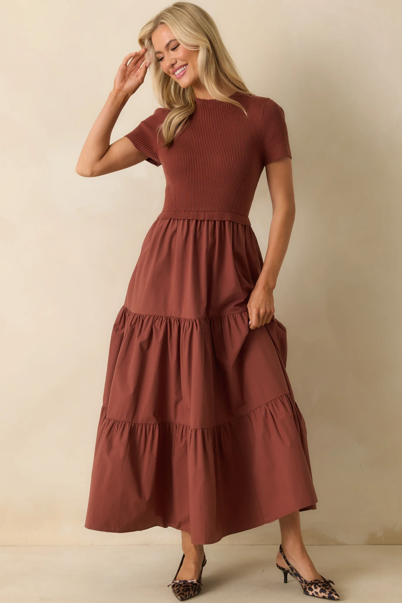 No Other Way Rust Ribbed Knit Bodice Short Sleeve Maxi Dress