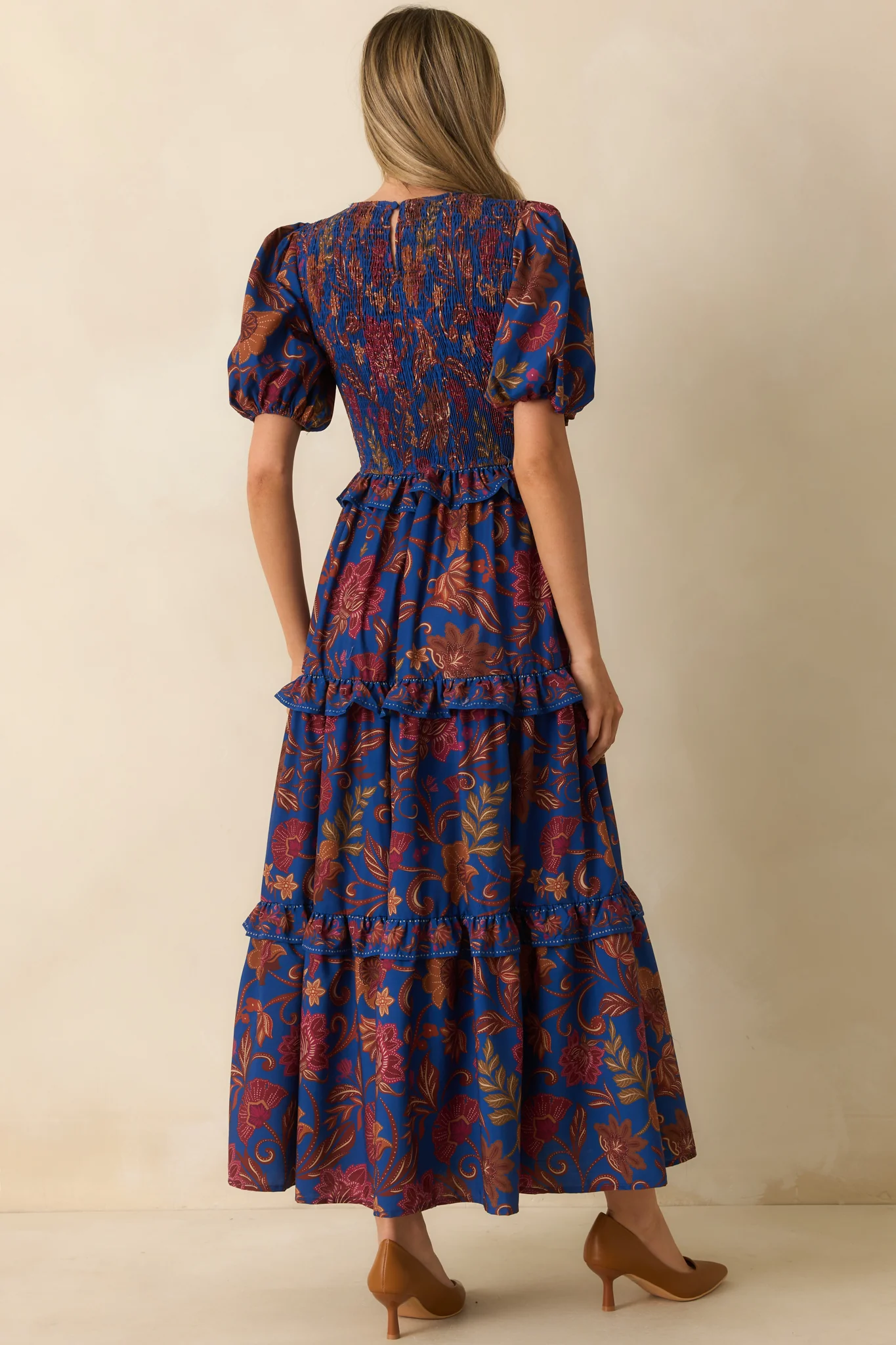 Navy Multi Floral Print Puff Sleeve Maxi Dress