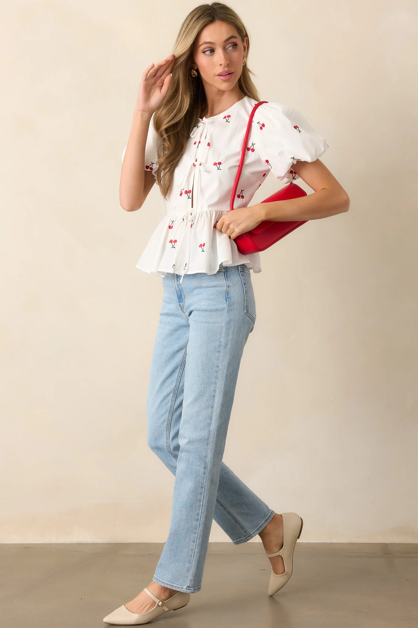 Pucker Up White Cotton Cherry Embroidered Peplum Top