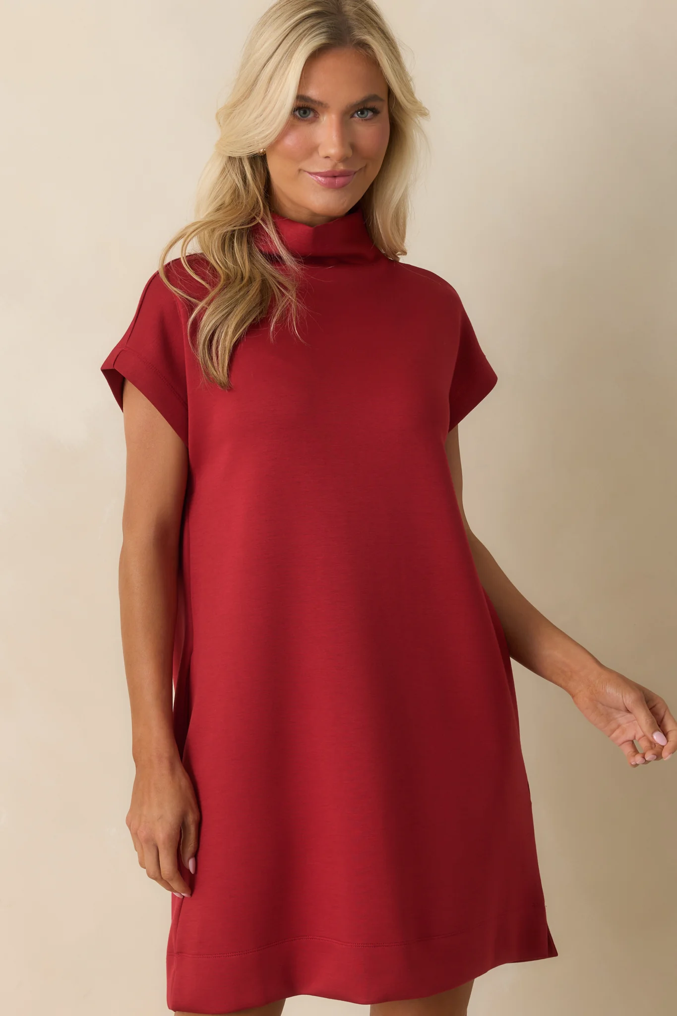 Red Mock Neck Cap Sleeve Mini Dress