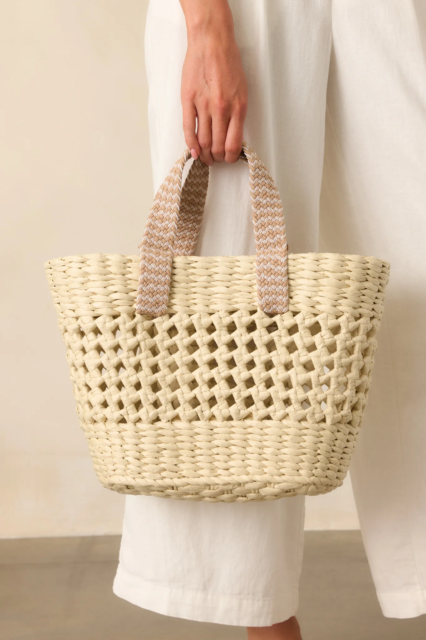 No Need To Rush Ivory Raffia Woven Structured Handbag